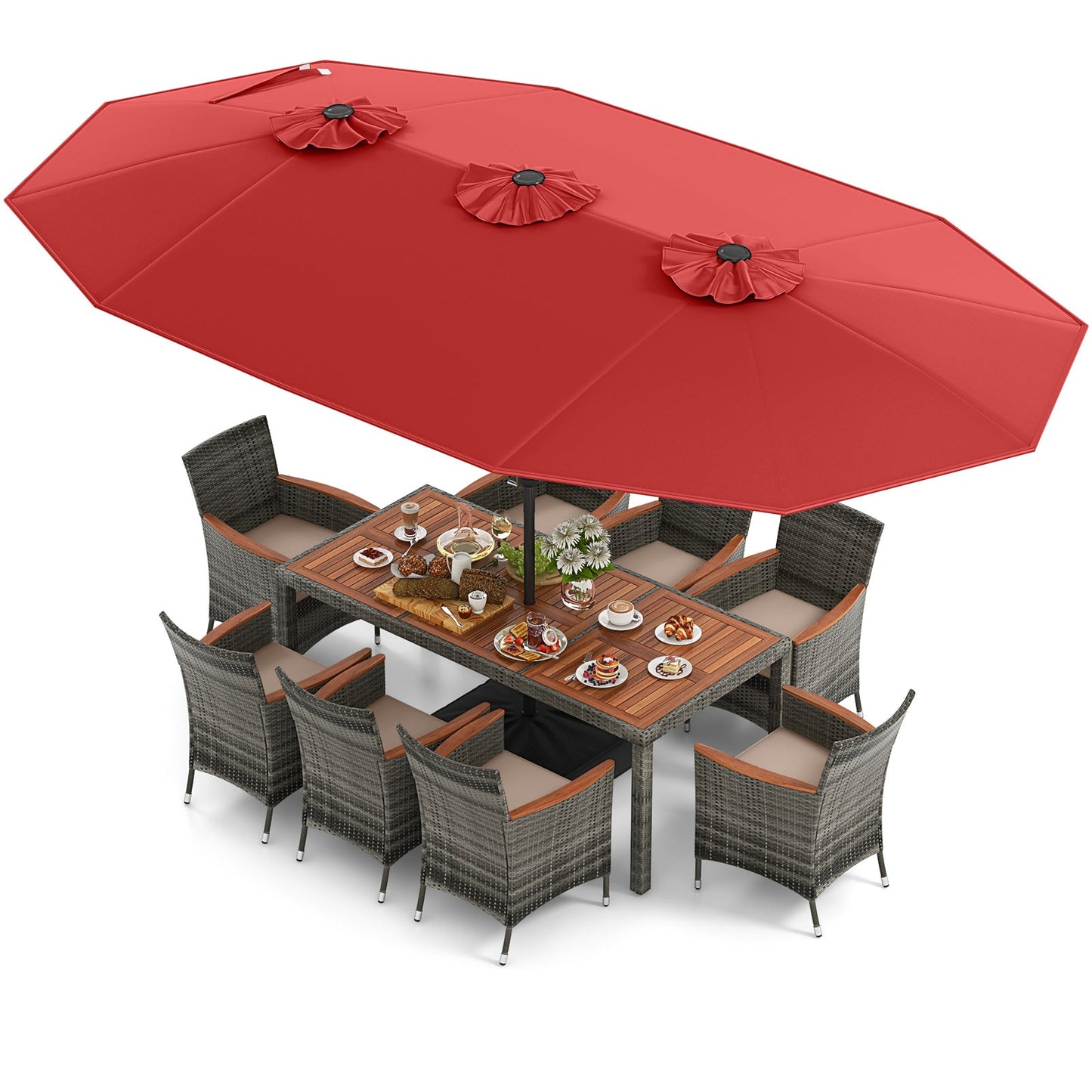 10 Pieces Patio Wicker Dining Set with 15 Feet Double-Sided Patio Umbrella