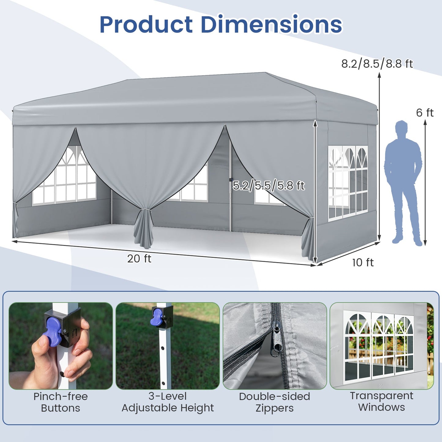 10 X 20 Feet Pop up Canopy Tent Instant Setup with 6 Sidewalls