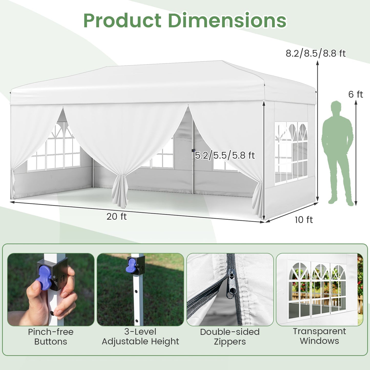 10 X 20 Feet Pop up Canopy Tent Instant Setup with 6 Sidewalls