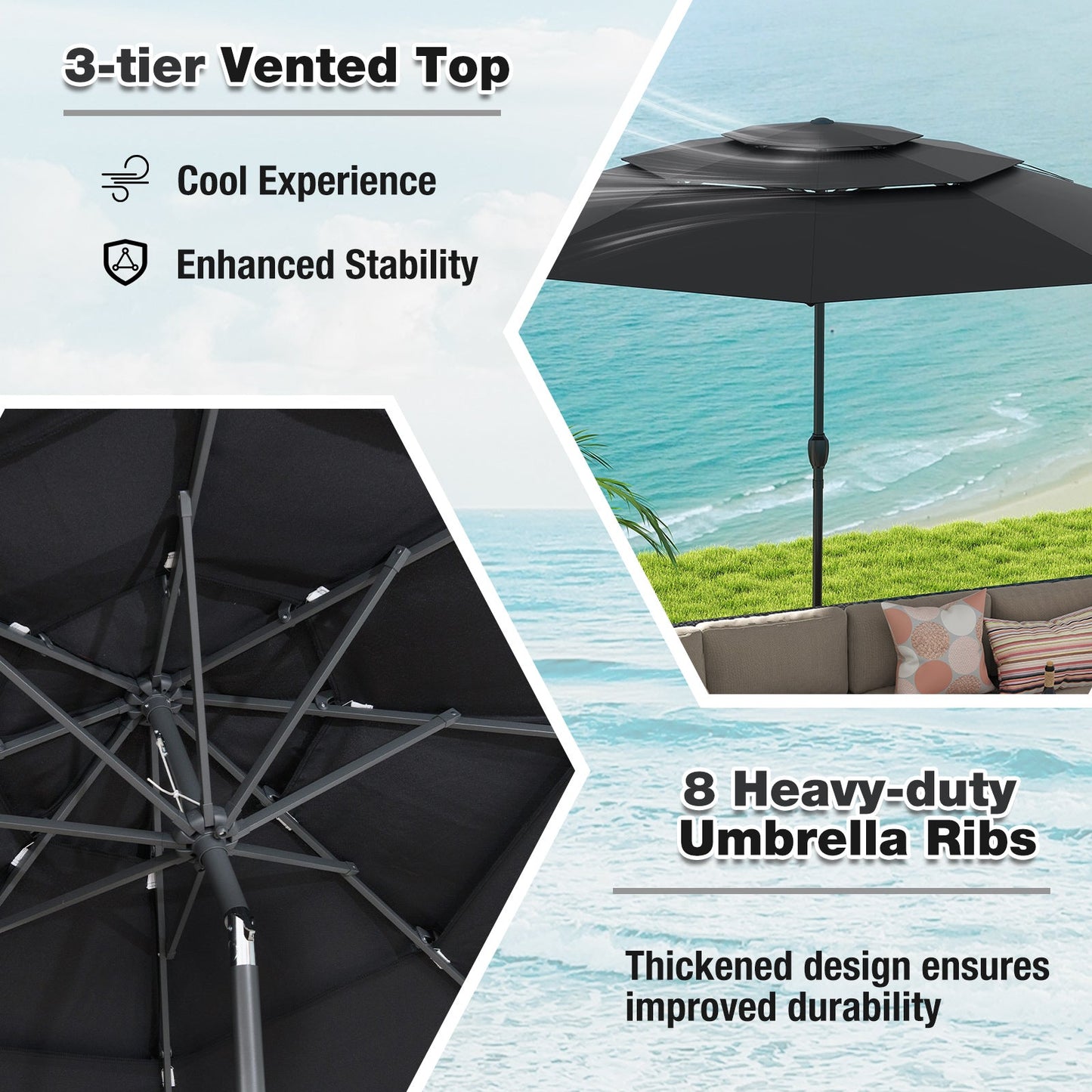 10 ft 3-tier Vented Patio Umbrella with Push Button Tilt