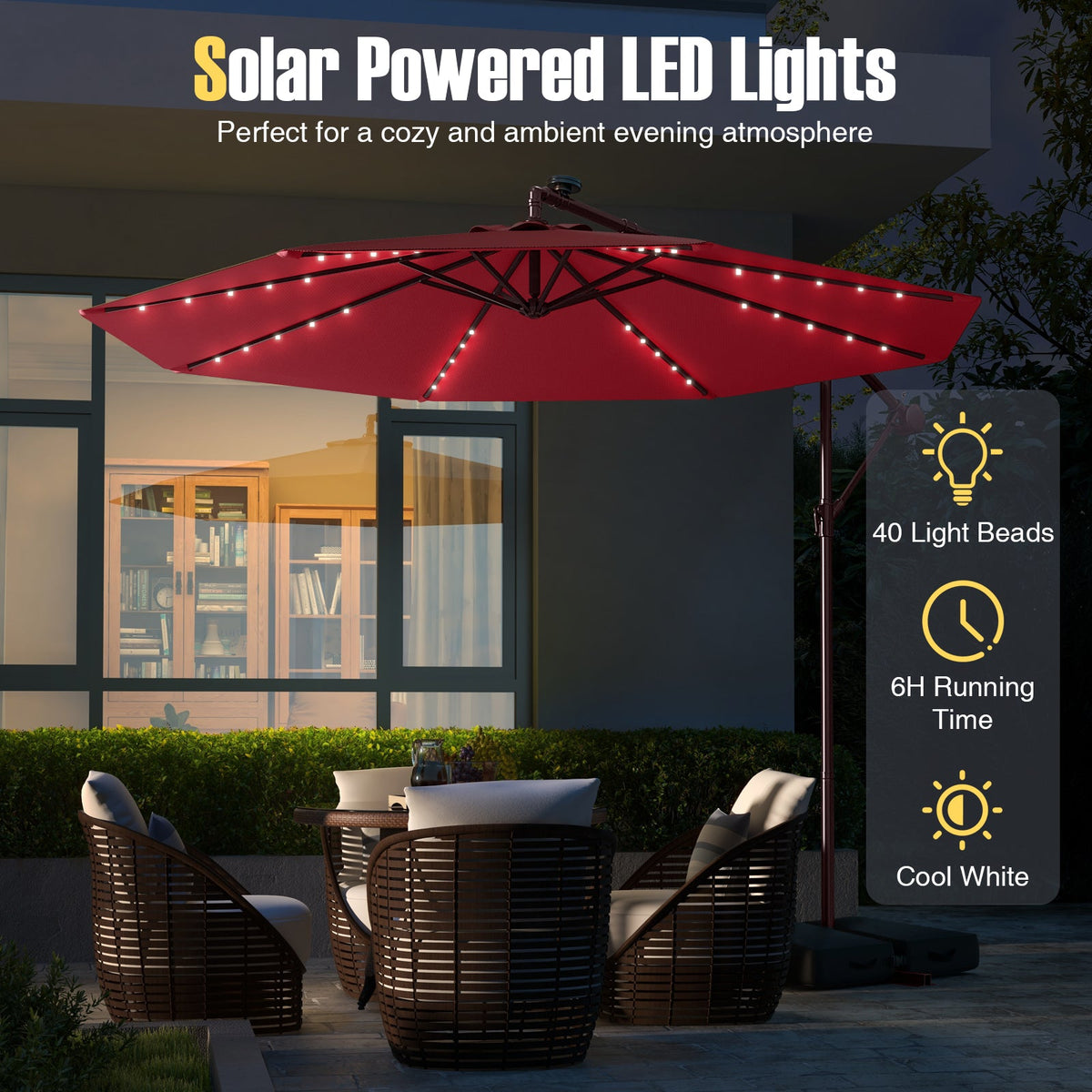 10 Ft Patio Umbrella Offset Cantilever Umbrella with 40 Solar Powered Lights