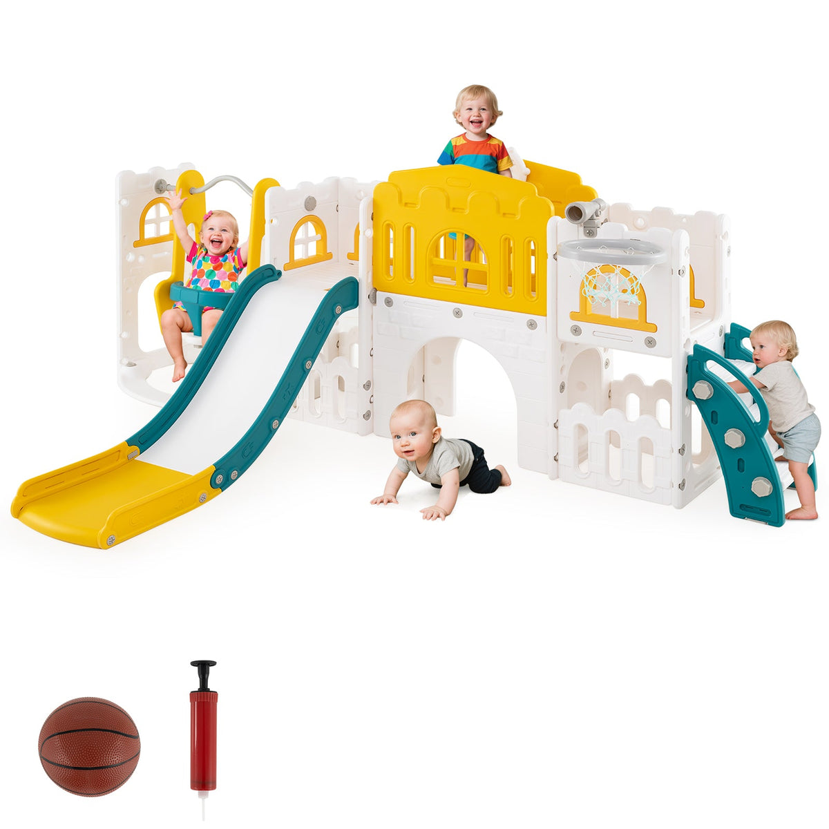 10-in-1 Toddler Swing and Slide Set Climber Playset with Basketball Hoop
