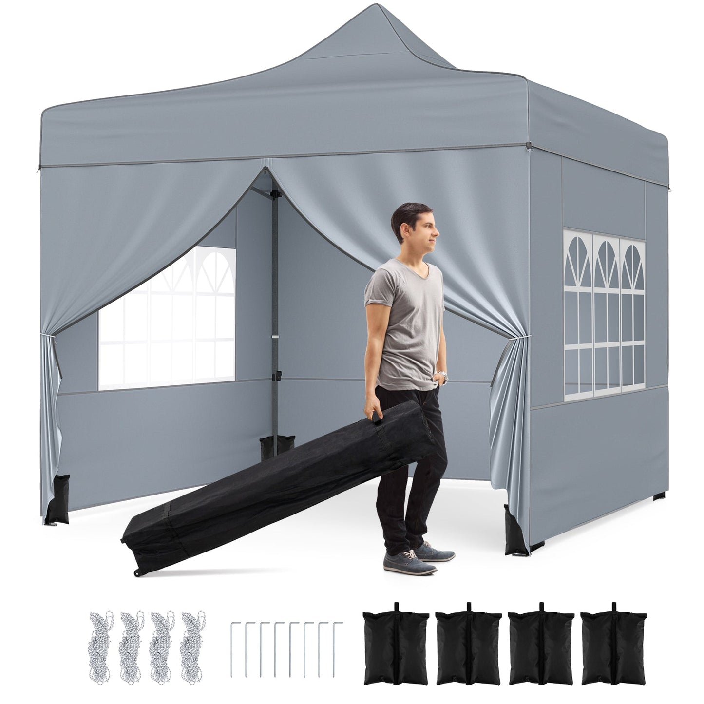 10 x 10 FT Pop up Canopy Tent with 4 Removable Sidewalls and Wheeled Bag