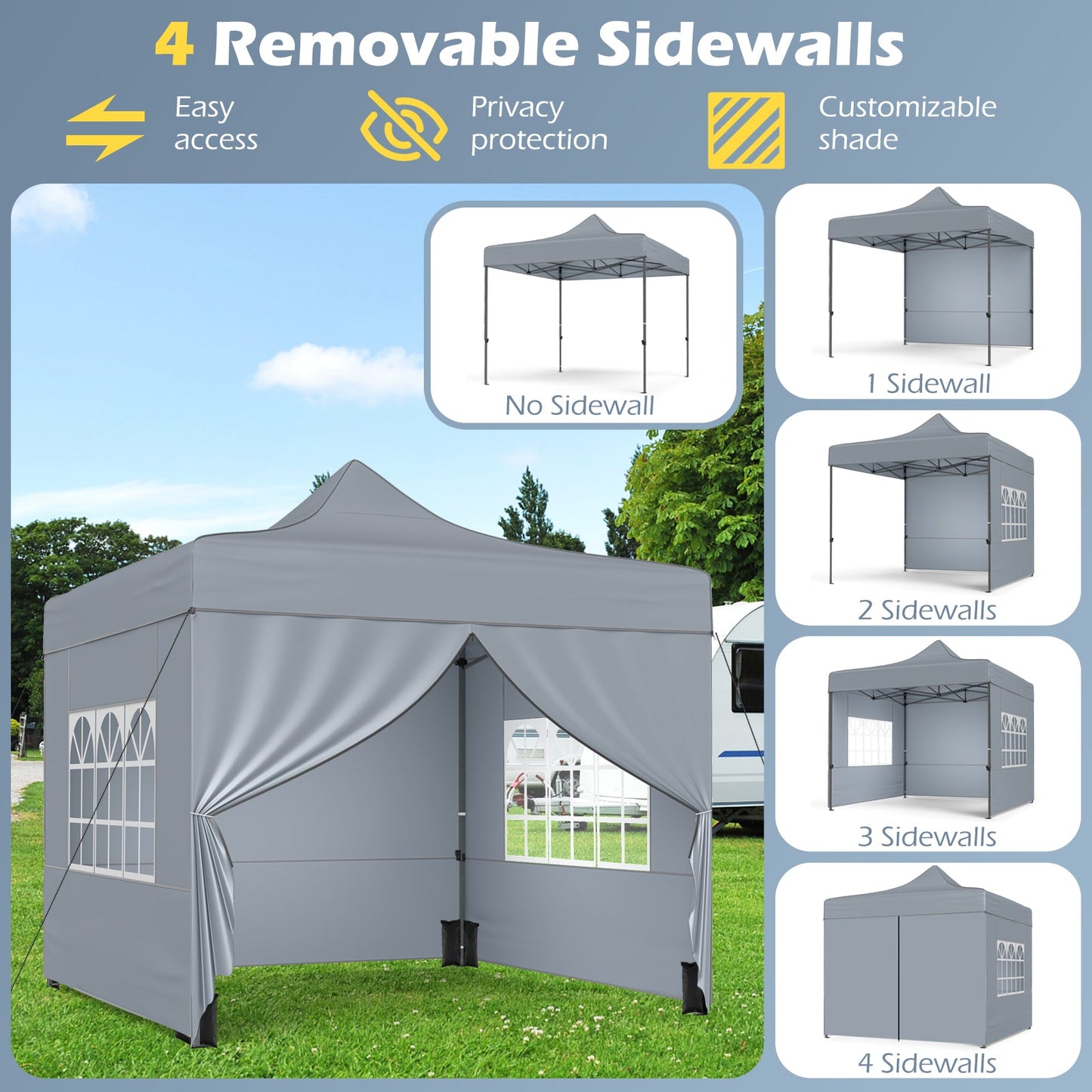 10 x 10 FT Pop up Canopy Tent with 4 Removable Sidewalls and Wheeled Bag
