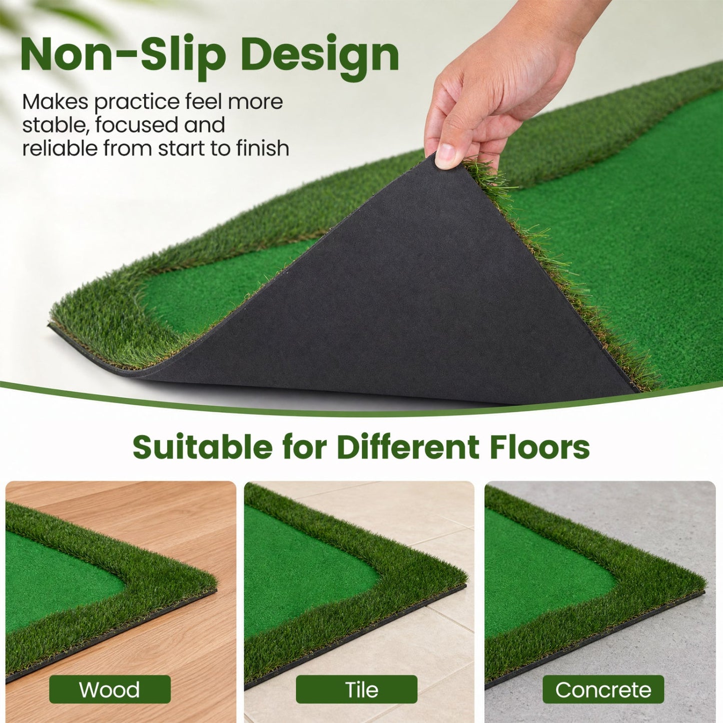 Golf Putting Green Mat 10x3.5ft with 3 Holes and Flags