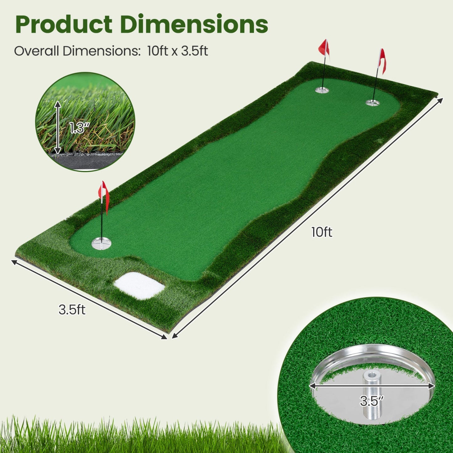 Golf Putting Green Mat 10x3.5ft with 3 Holes and Flags