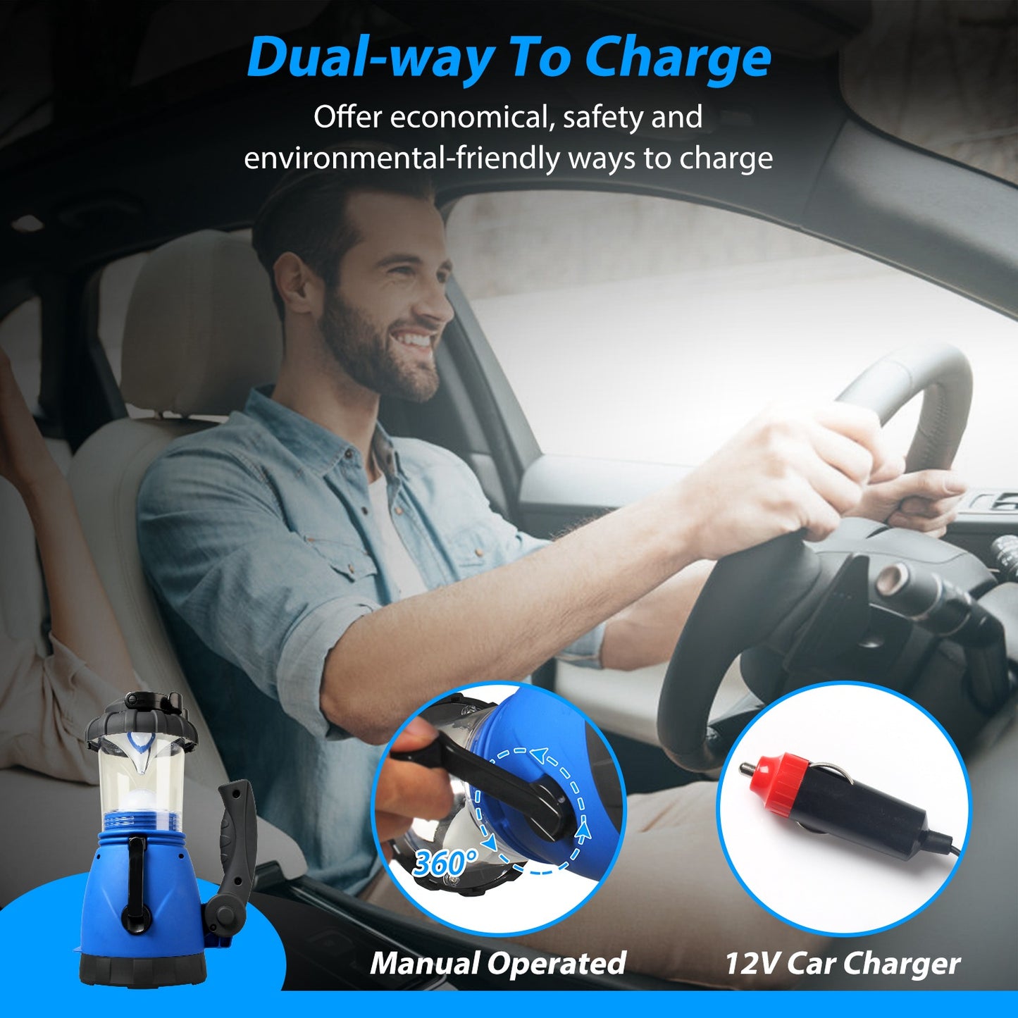 Hand Crank Camping Lantern with Spotlight & Car Charger