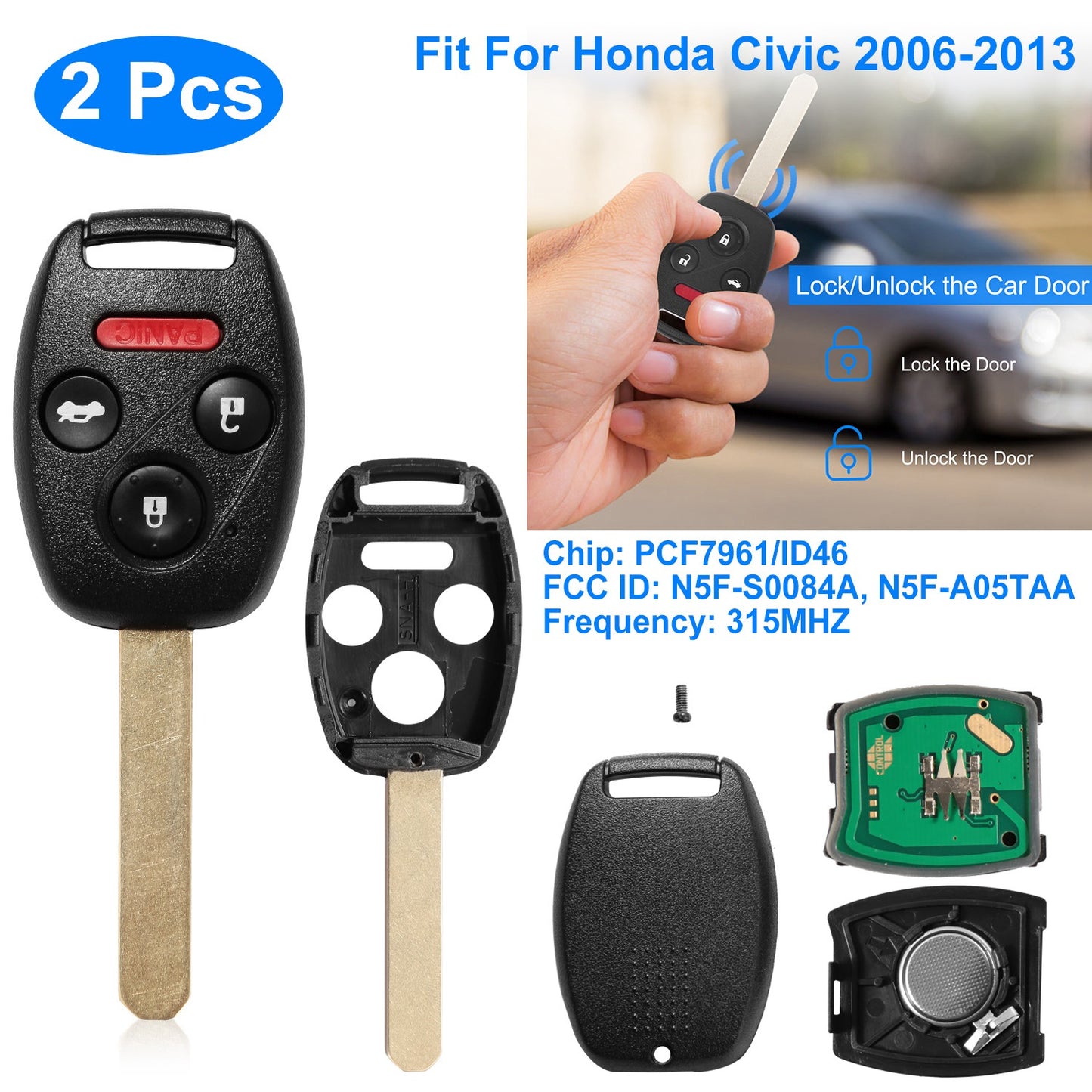 Remote Key Fob for Honda Civic 2006-2013 (2-Pack)