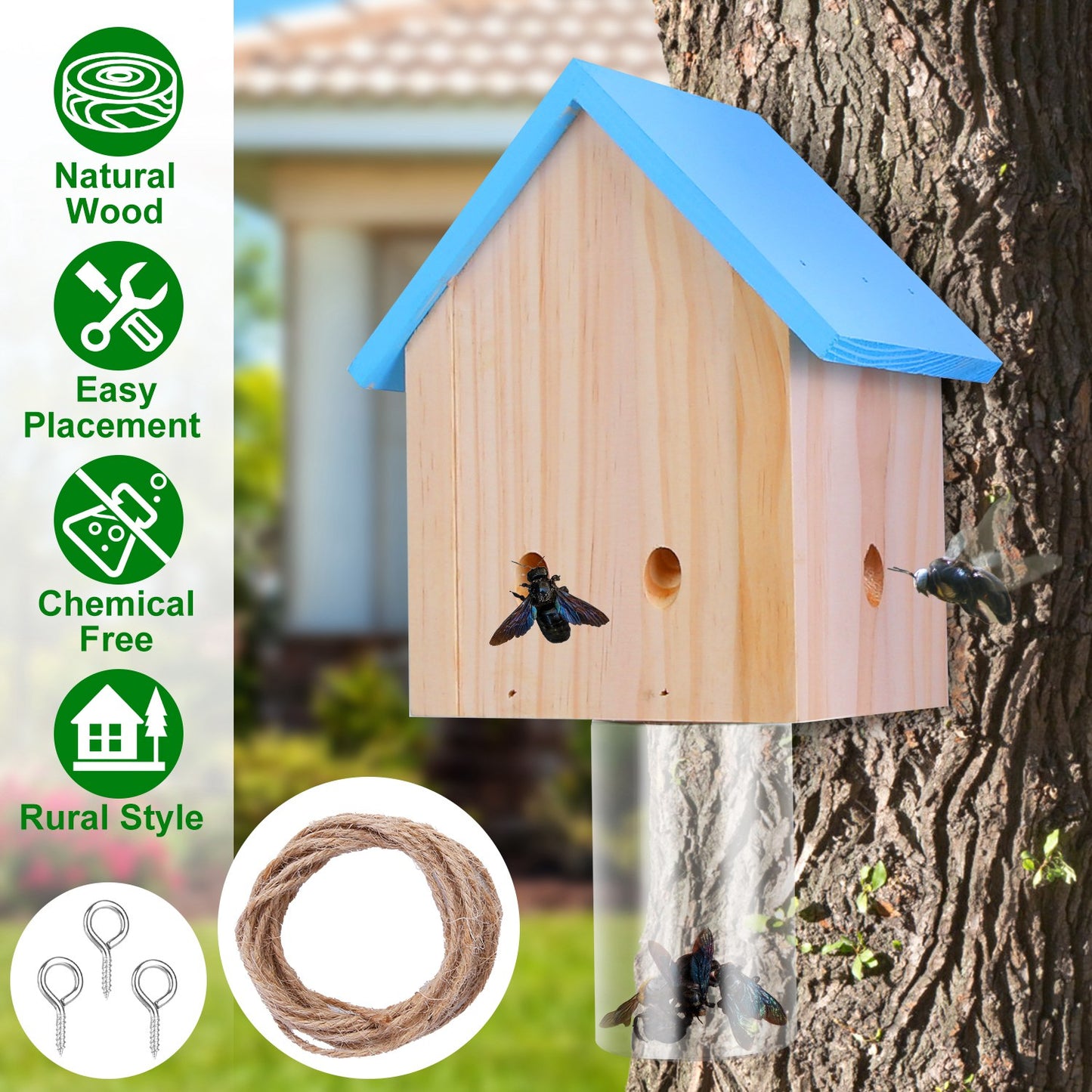 Carpenter Bee Trap - Natural Pine Wood Outdoor Hanging