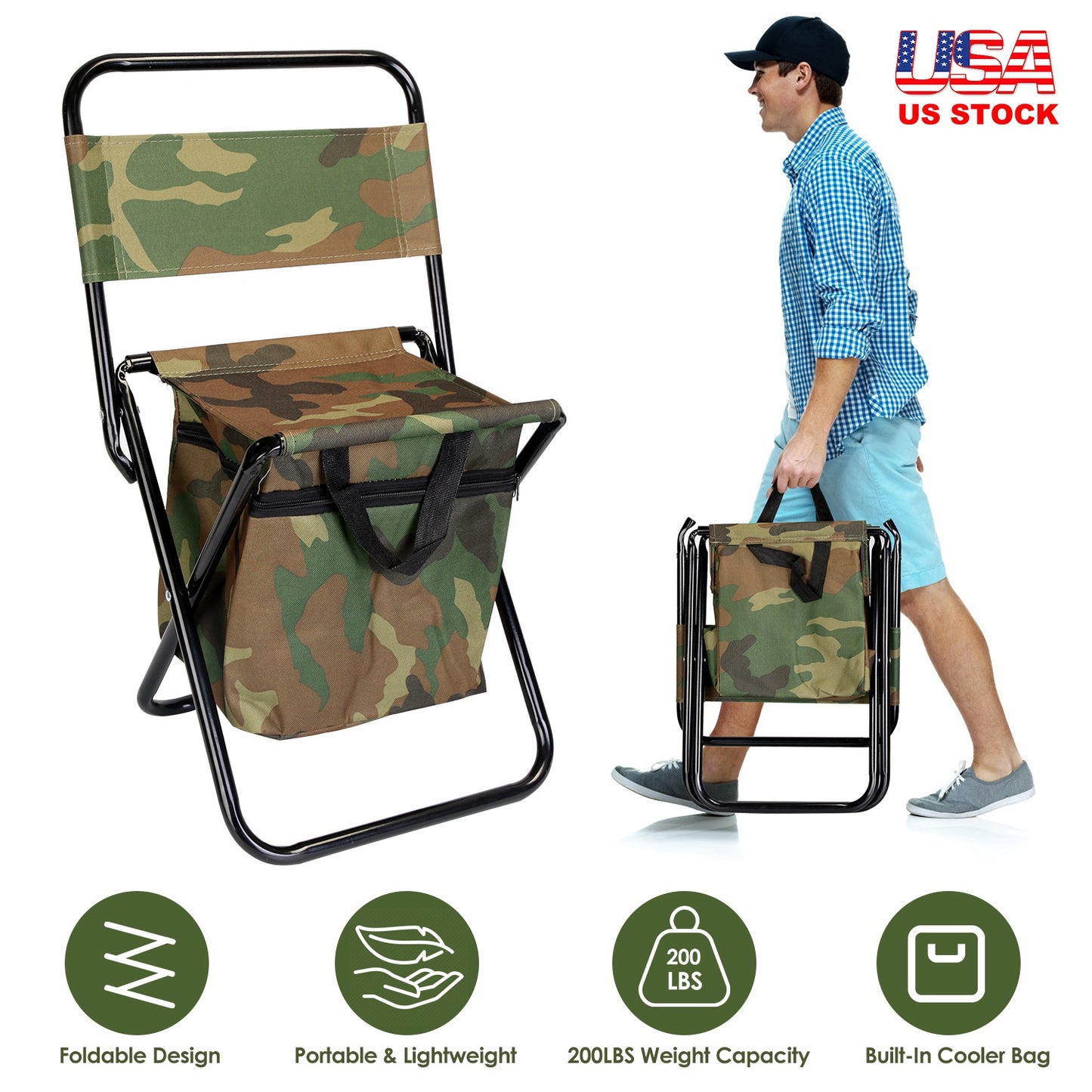Foldable Fishing Chair with Built-In Cooler Bag and Backrest