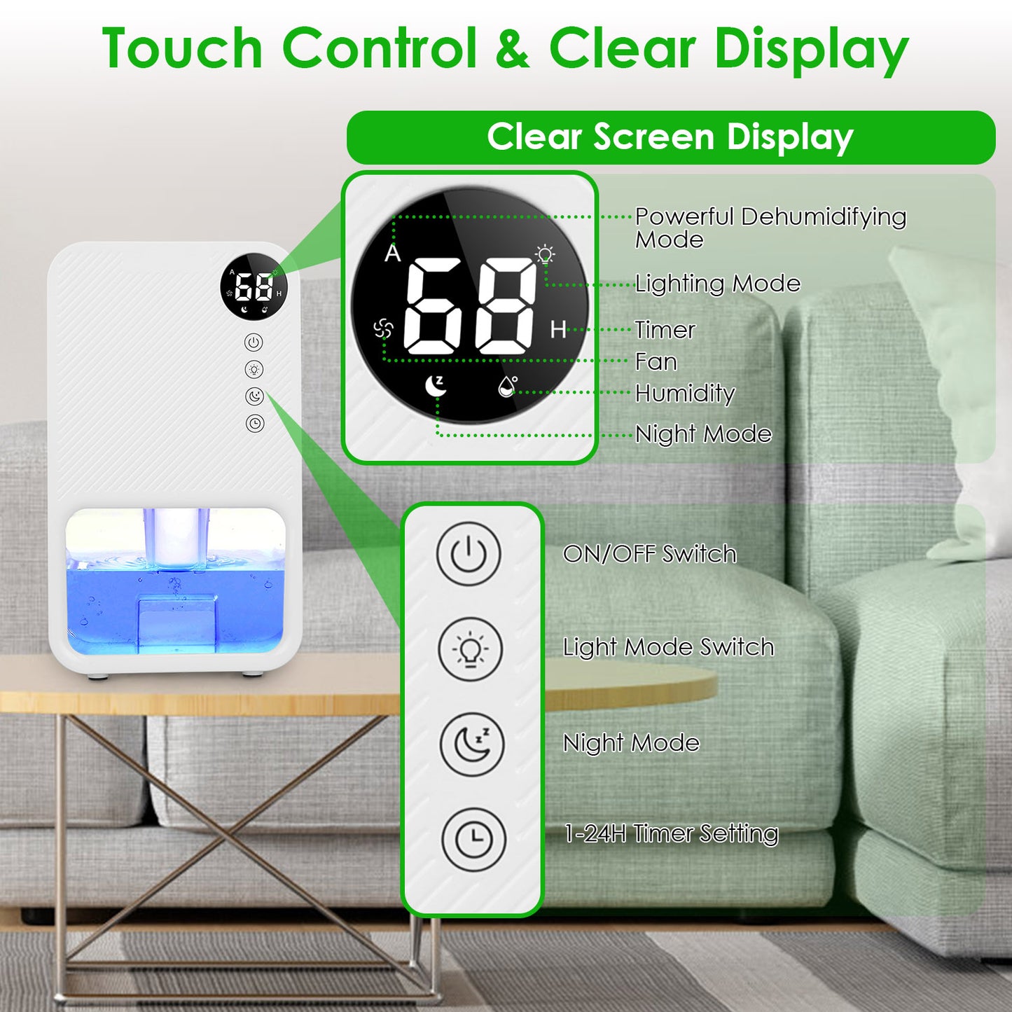 Portable Dehumidifier 37.2oz with Timer & 7-Color Light