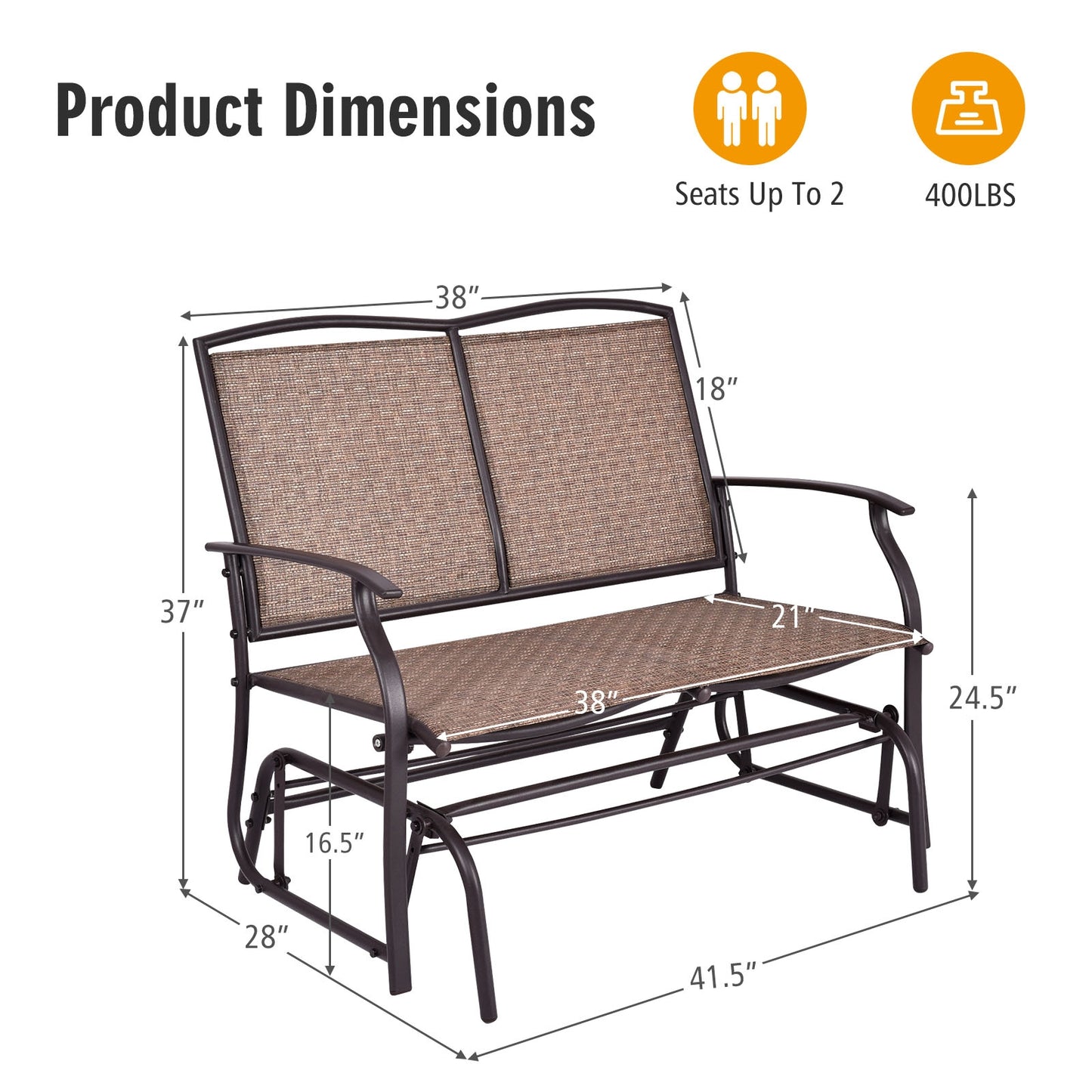 Outdoor Rocking Loveseat for Two - Steel Frame Patio Chair