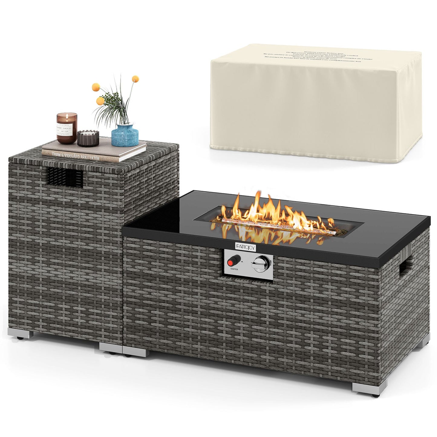 2-Piece Outdoor Rattan Fire Table Set 32 Inch Rectangle Gas Firepit with Tank Cover