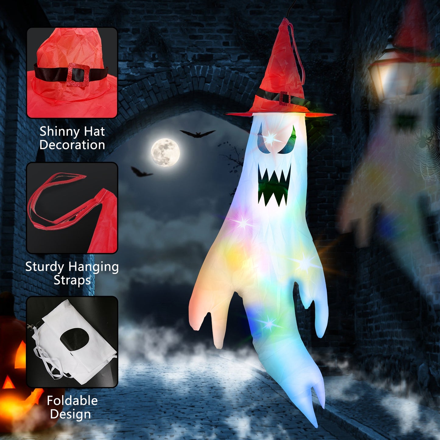 Halloween Ghost Windsocks with Witch Hats & LED Lights (4-Pack)