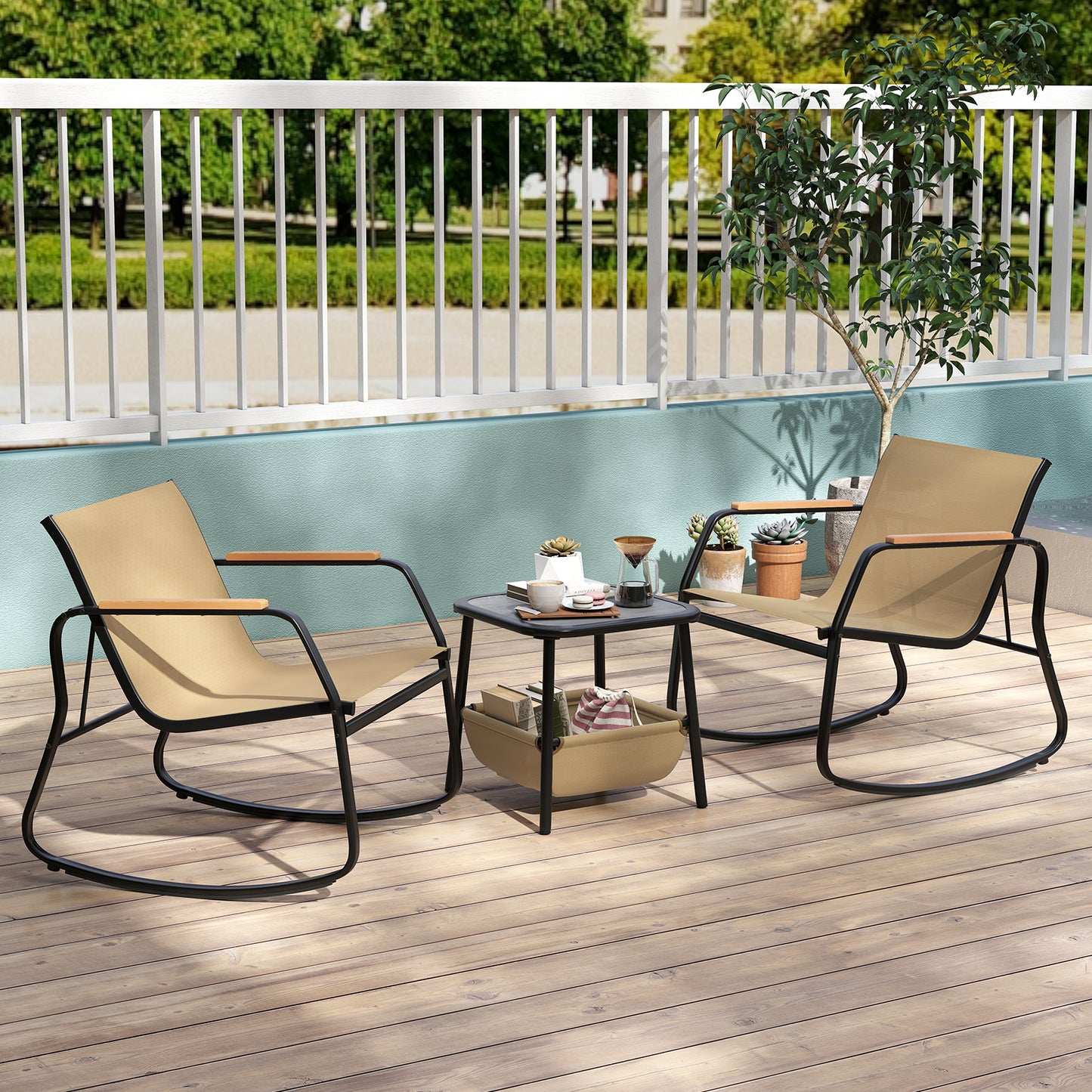 3-Piece Rocking Bistro Set with Side Table and Storage