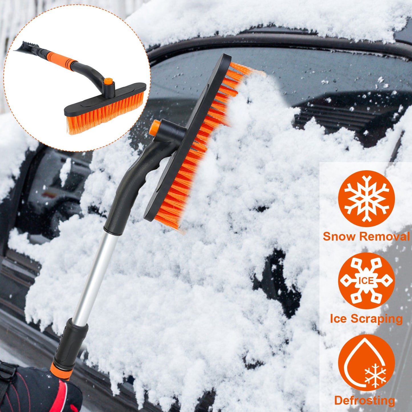 Extendable Snow Brush and Ice Scraper with Pivoting Head