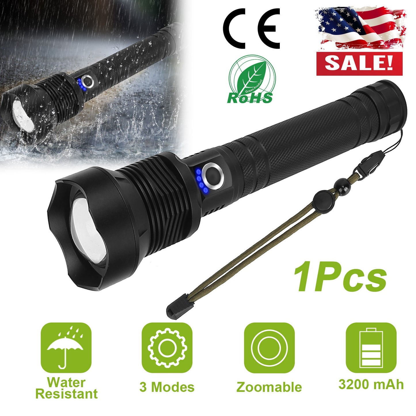 Rechargeable LED Tactical Flashlight 30000LM Zoomable