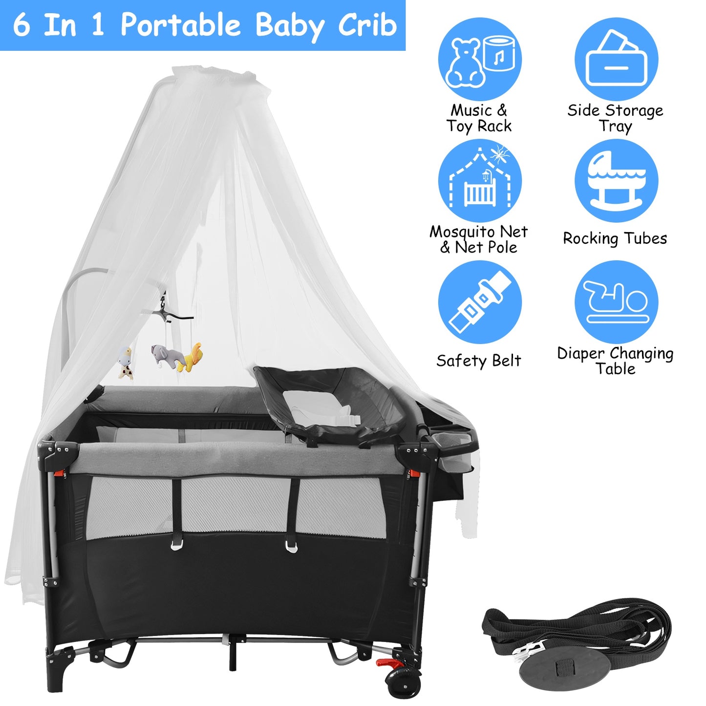 6-in-1 Foldable Baby Crib with Changing Table & Activity Center