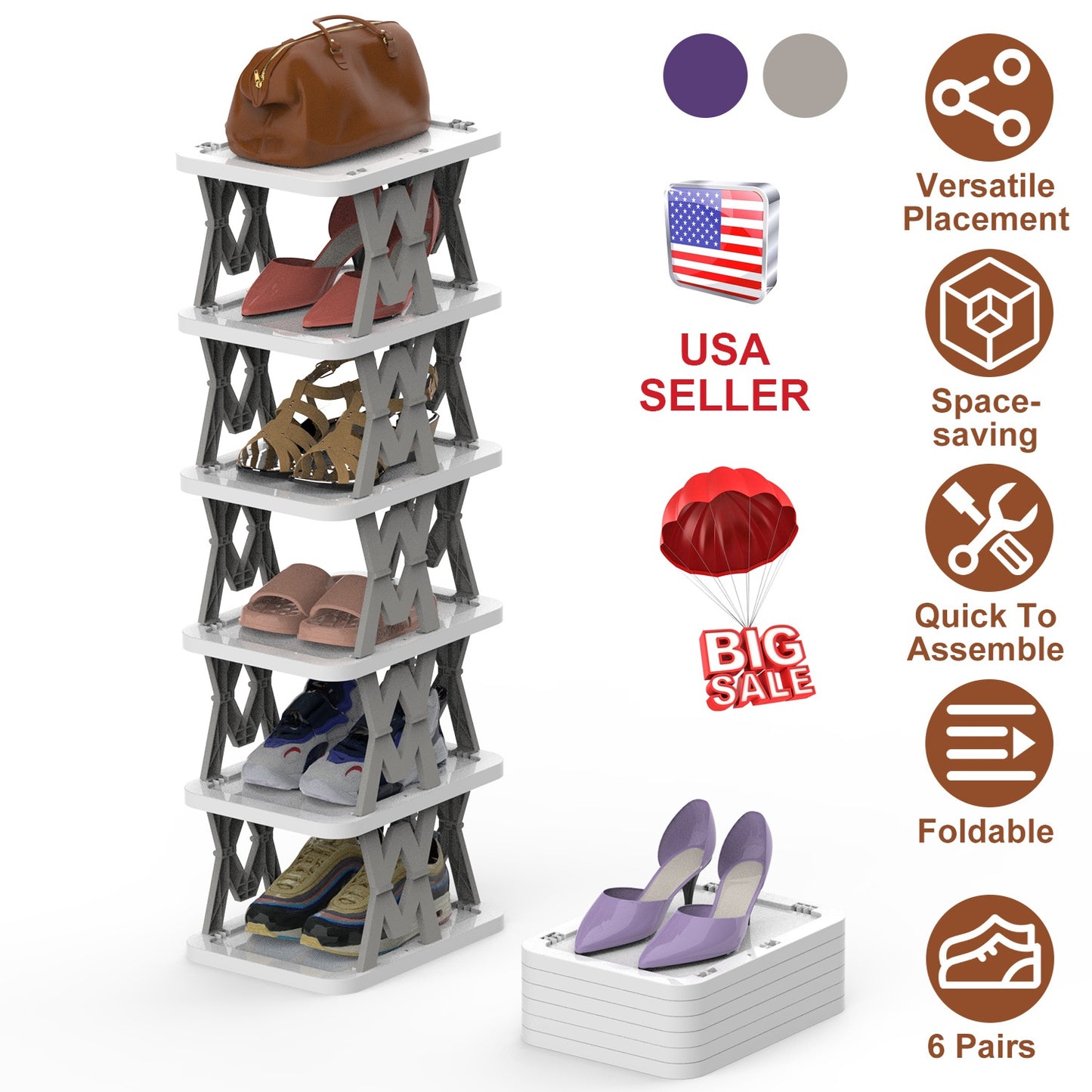 6-Tier Foldable Shoe Rack - Vertical Space Saving Organizer