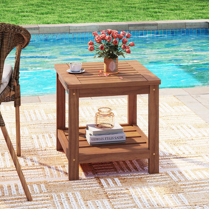 2-Tier Outdoor Side Table with Storage Shelf for Patio