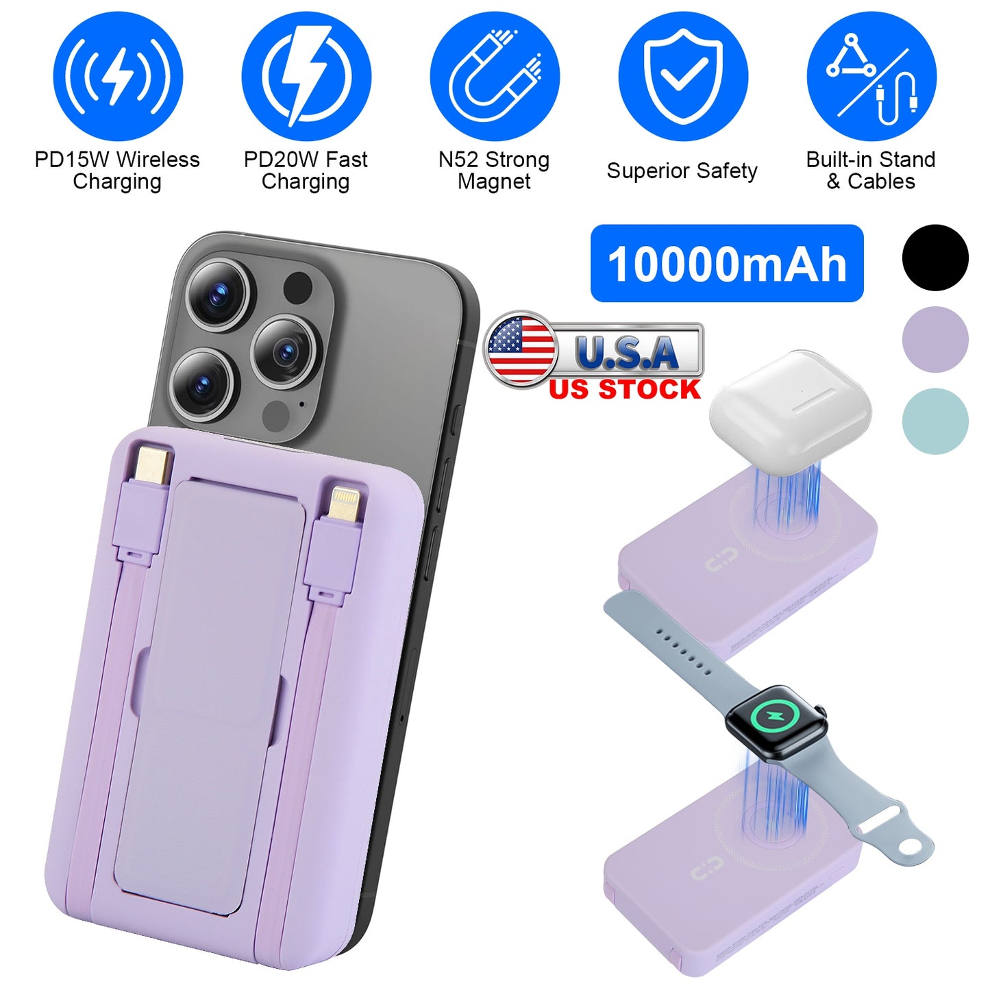 10000mAh MagSafe Power Bank with Built-In Cables & Stand