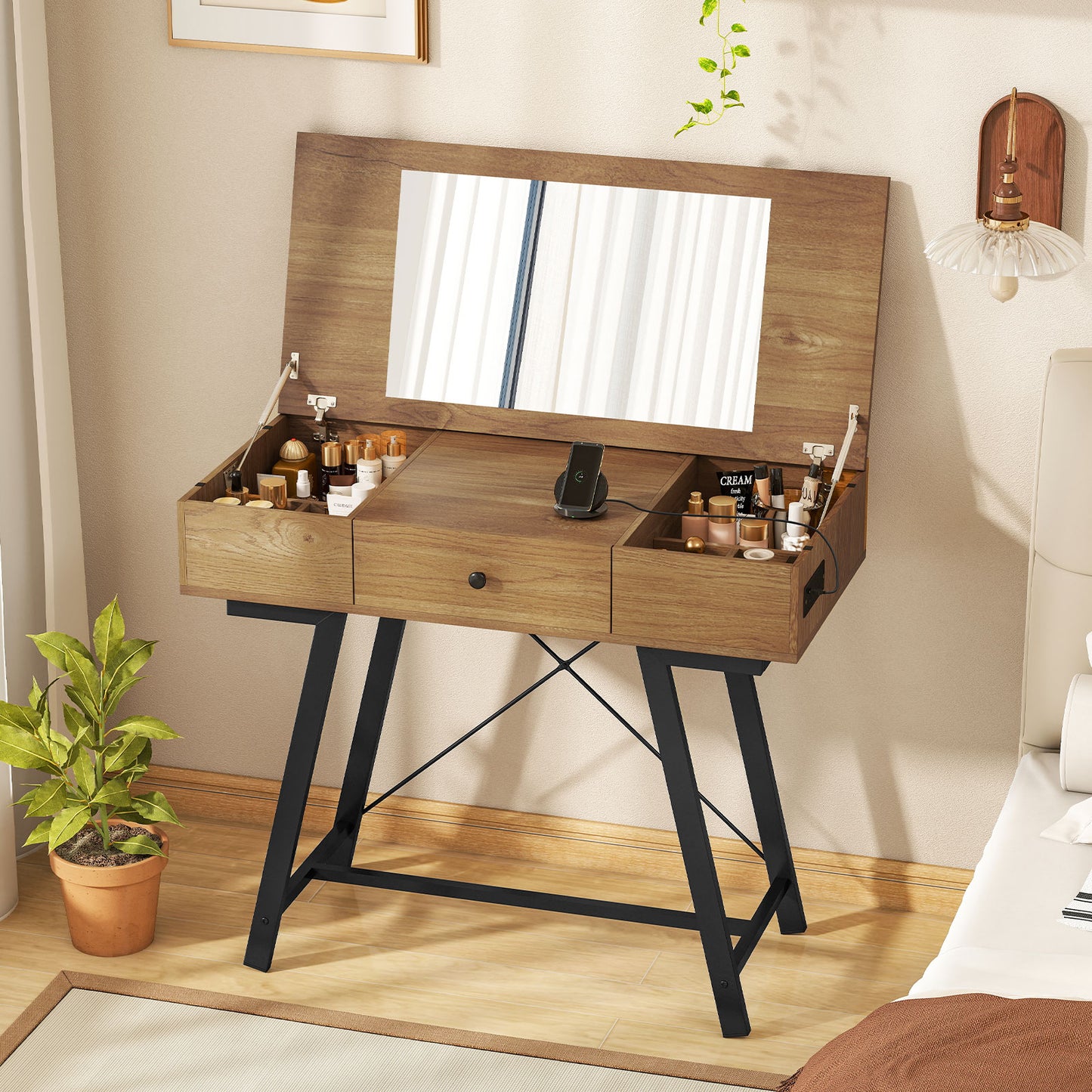 Vanity Desk with Flip Top Mirror and Power Outlets