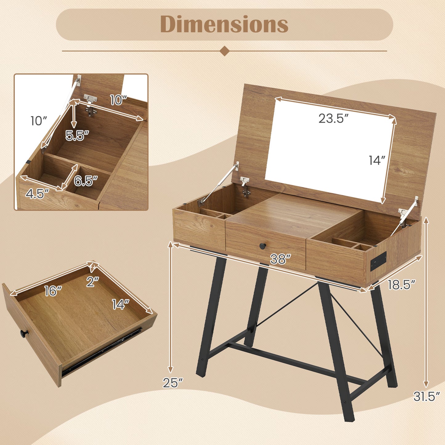 Vanity Desk with Flip Top Mirror and Power Outlets