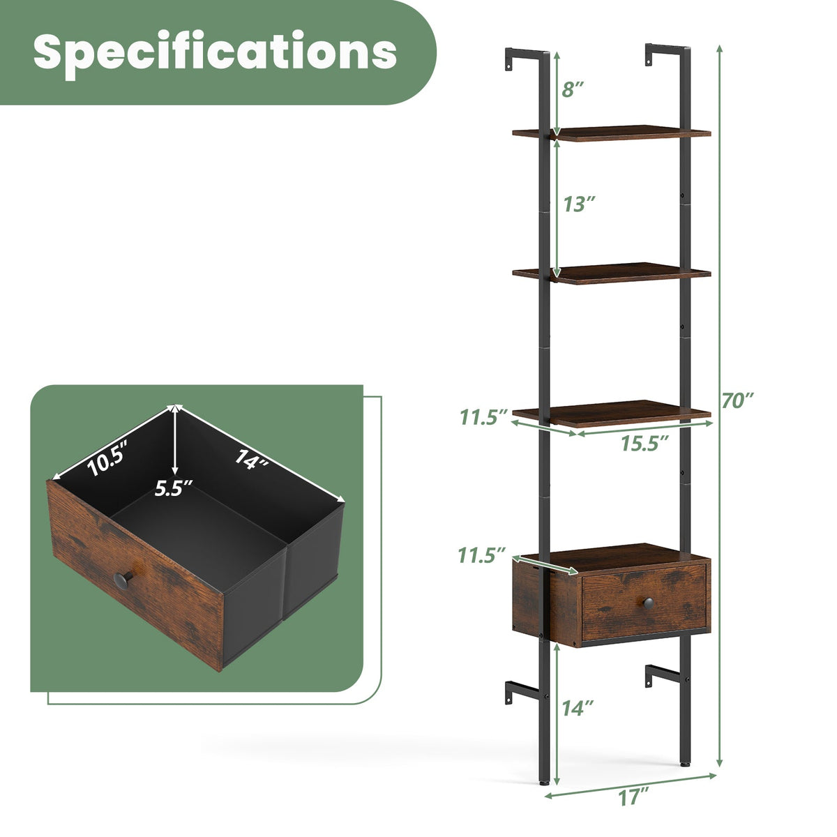5-Tier Ladder Bookcase with Drawer and Metal Frame for Study Home Office-Rustic Brown