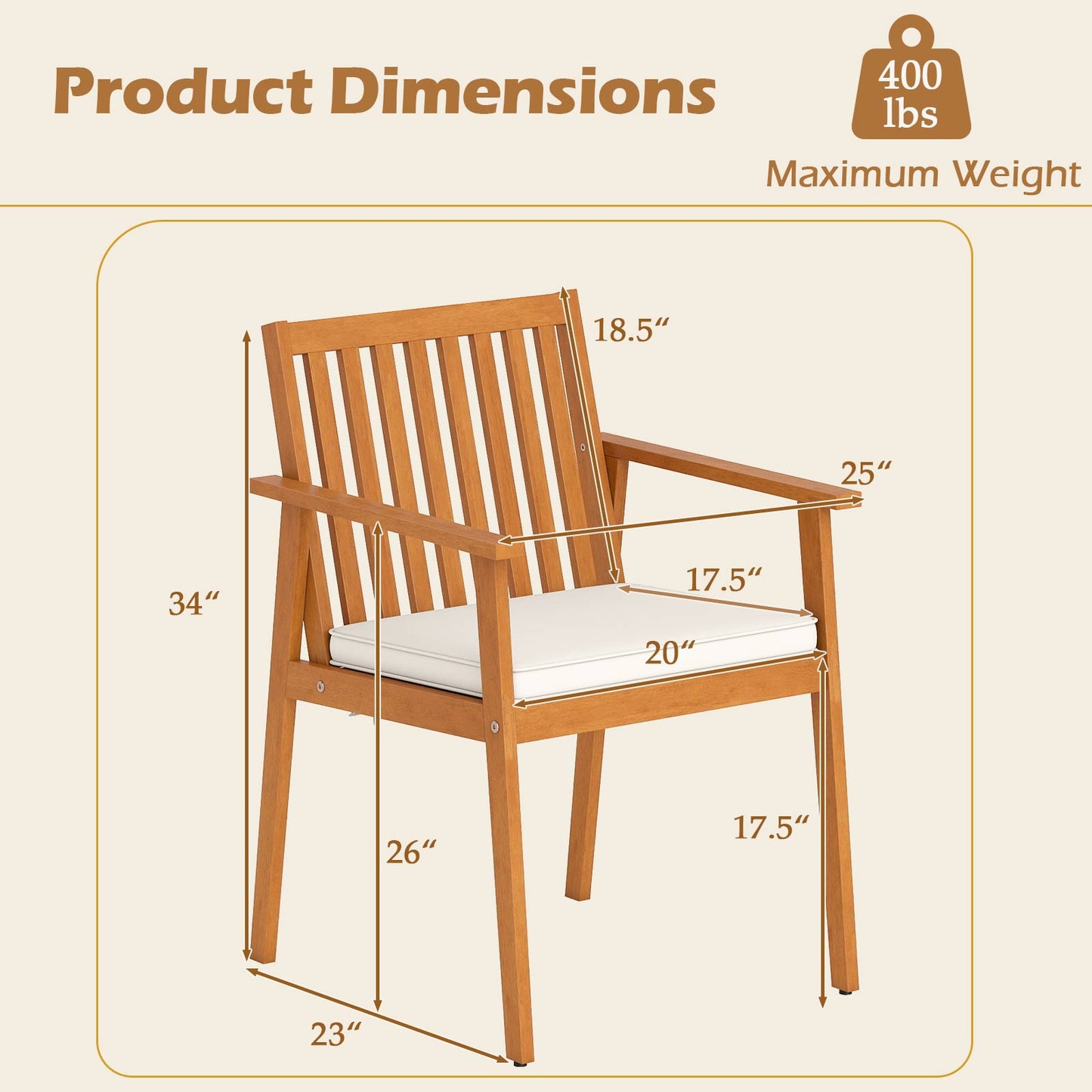 Acacia Wood Patio Dining Chairs with Removable Cushions (Set of 2)