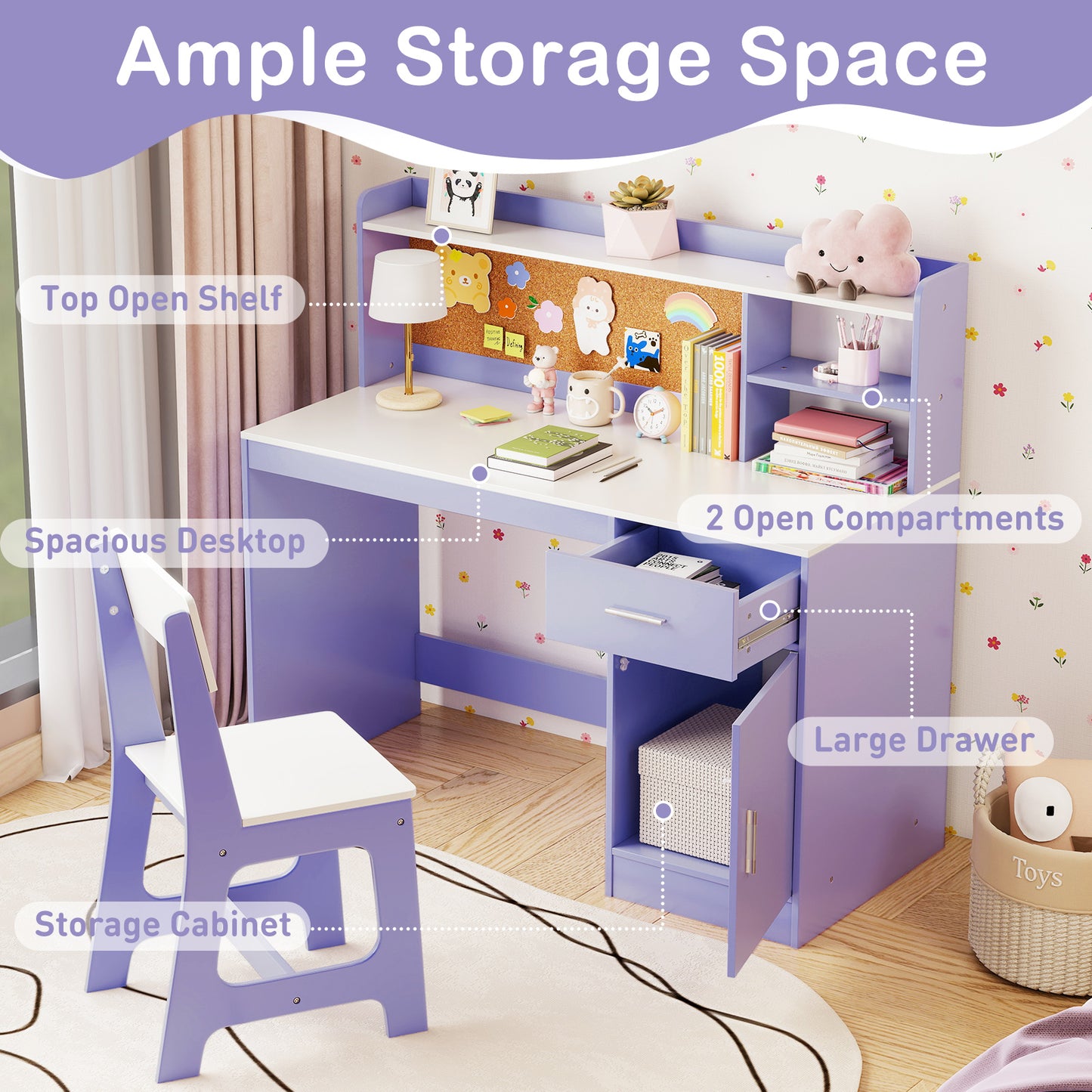 Kids Study Desk and Chair Set with Storage and Bulletin Board