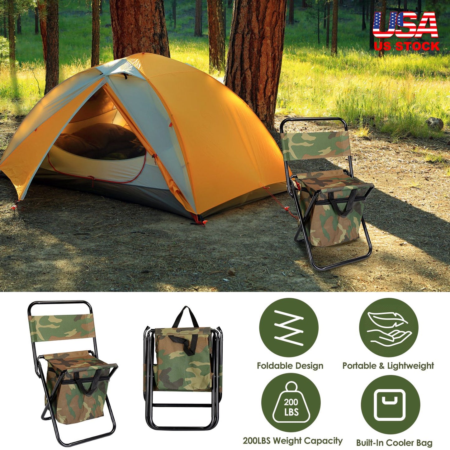 Foldable Fishing Chair with Built-In Cooler Bag and Backrest