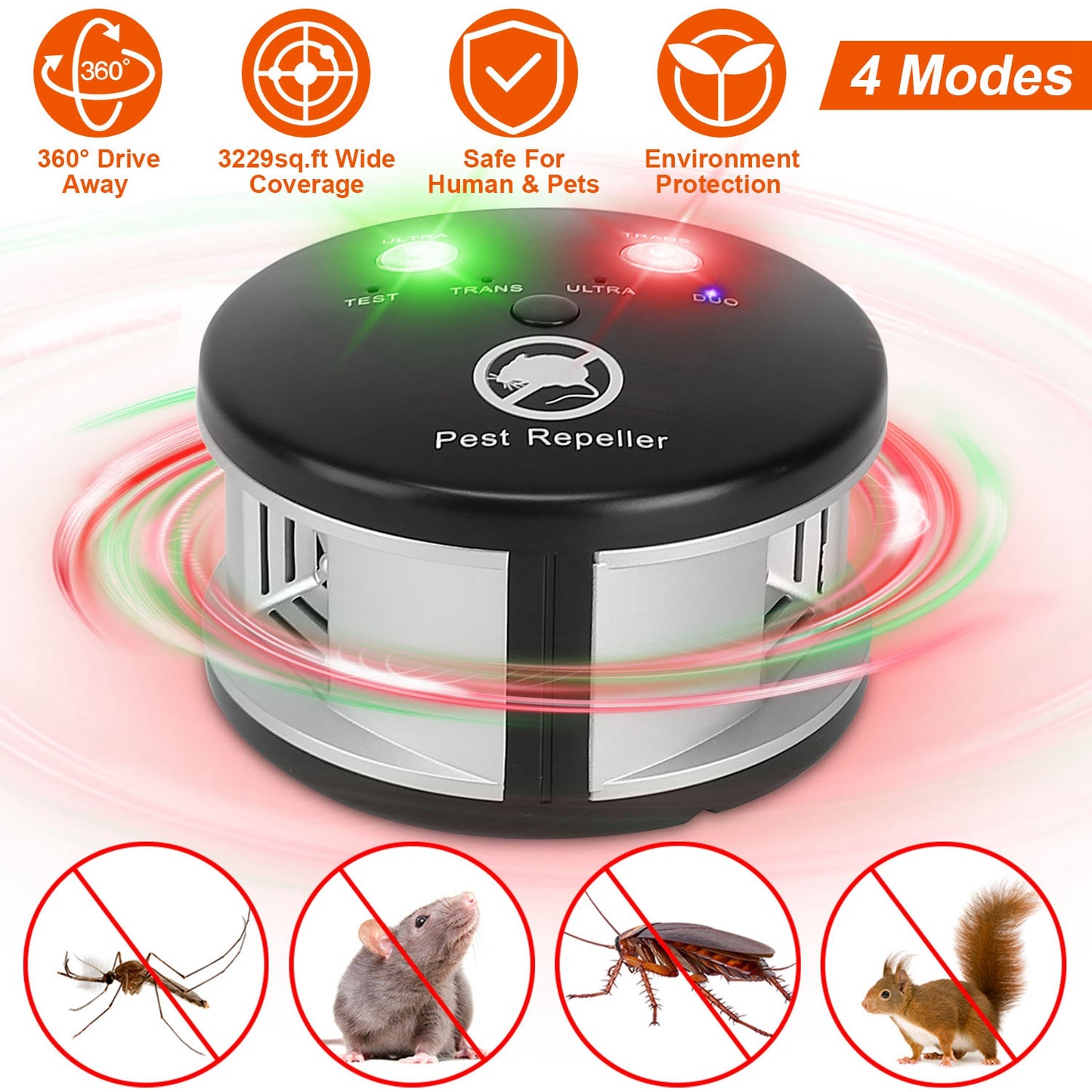Ultrasonic Pest Repeller with 4 Modes for Indoor Use