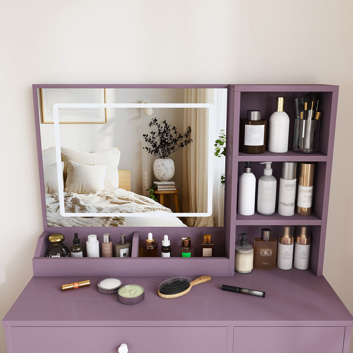 Purple Vanity Desk with Lighted Mirror & Padded Stool