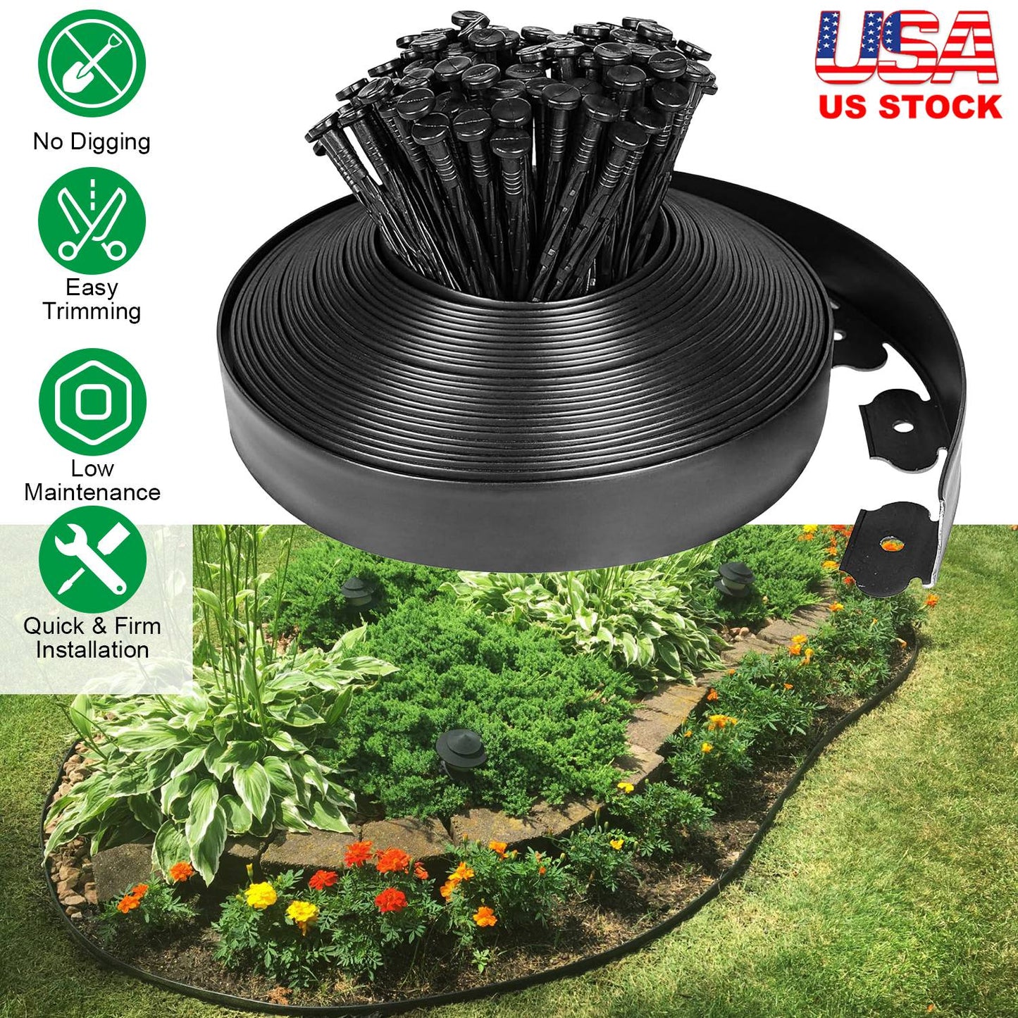 Plastic Garden Edging Kit 100FT with 90 Spikes No-Dig Border