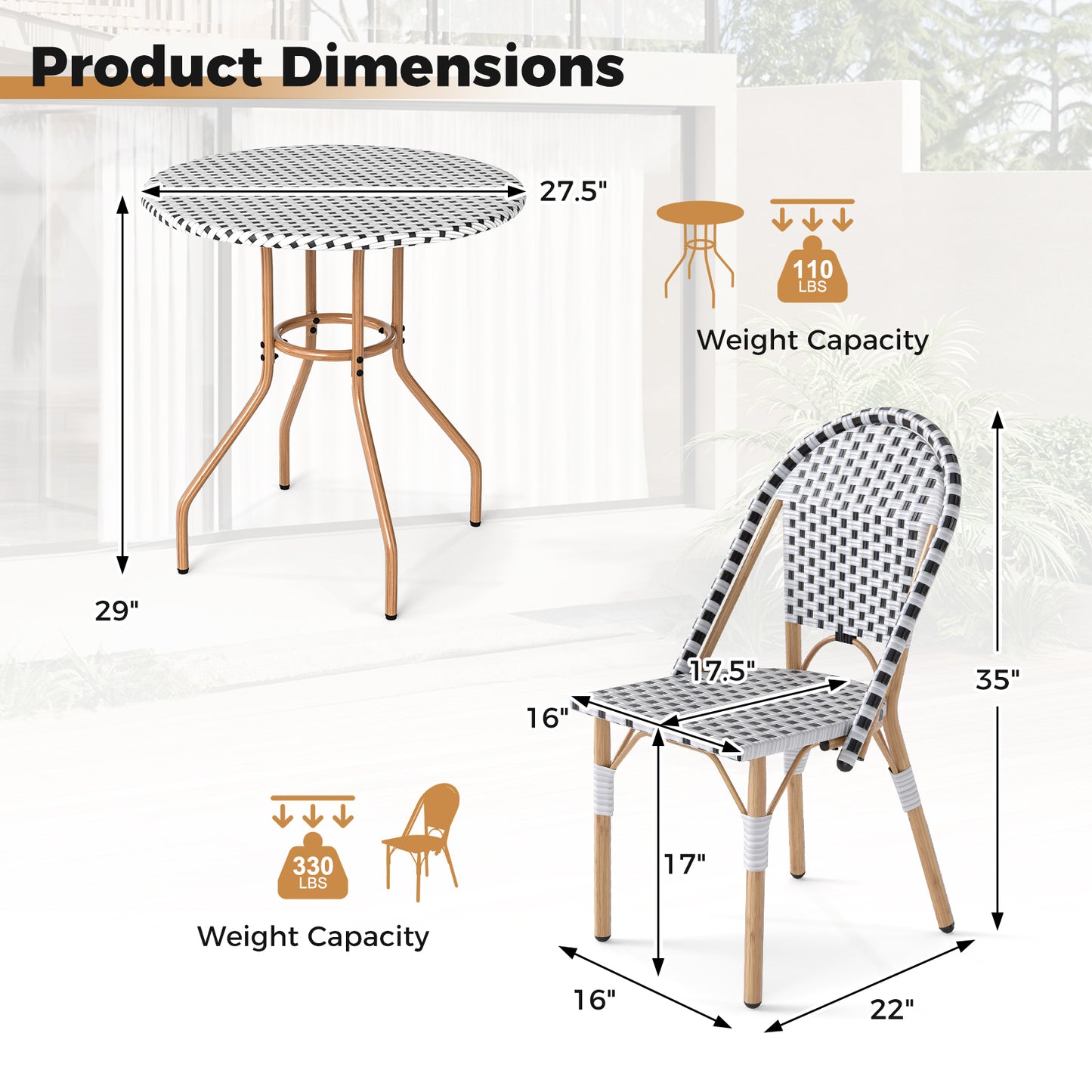 3-Piece Bistro Patio Dining Set with Round Table & 2 Chairs