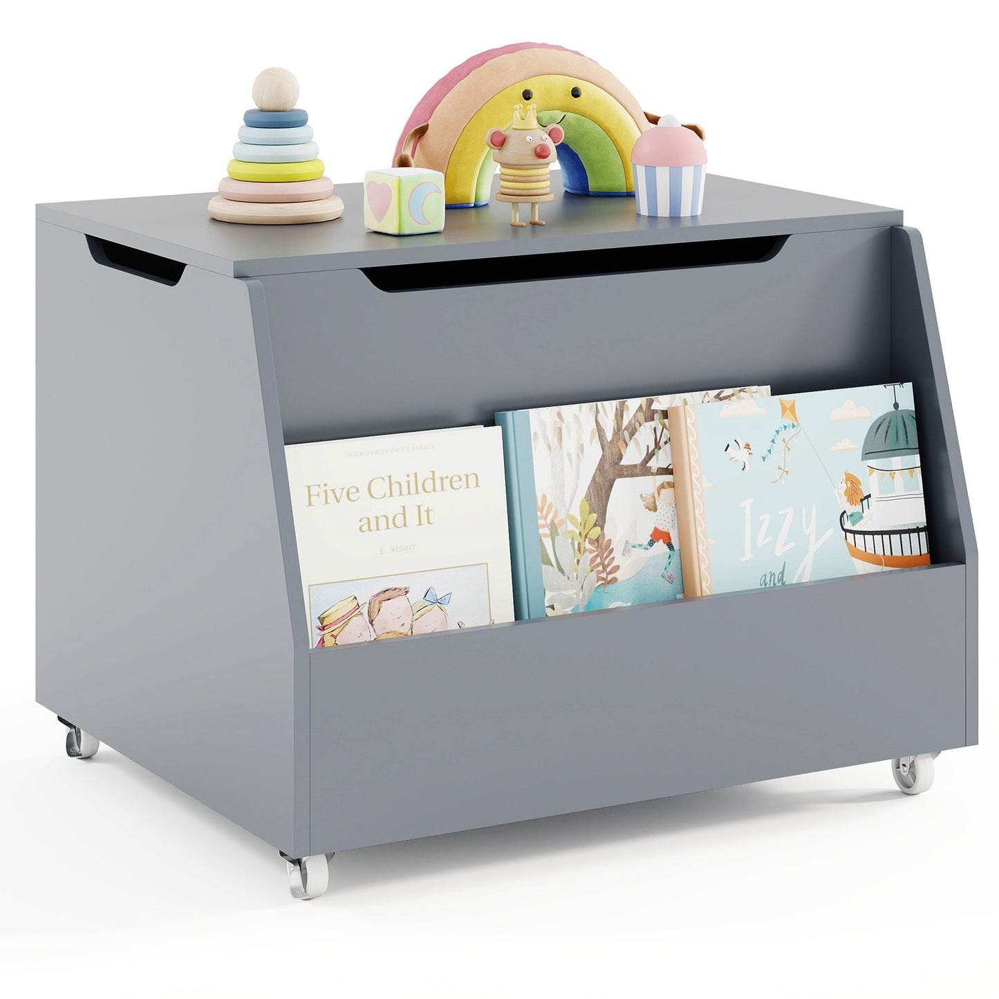 Wooden Mobile Toy Storage Organizer with Bookshelf and Lockable Wheels