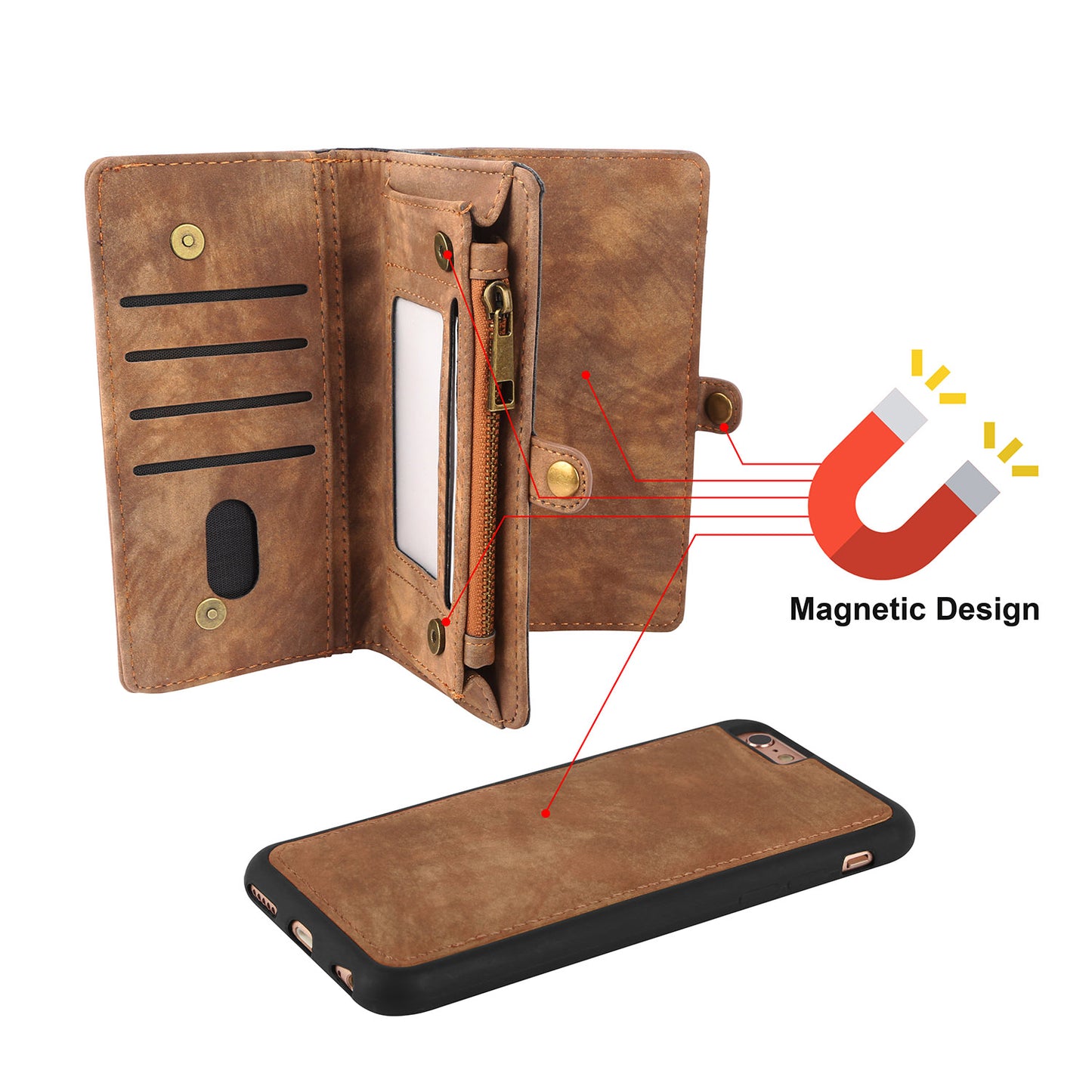 iPhone 6s Wallet Case with Detachable Magnetic Cover - Brown