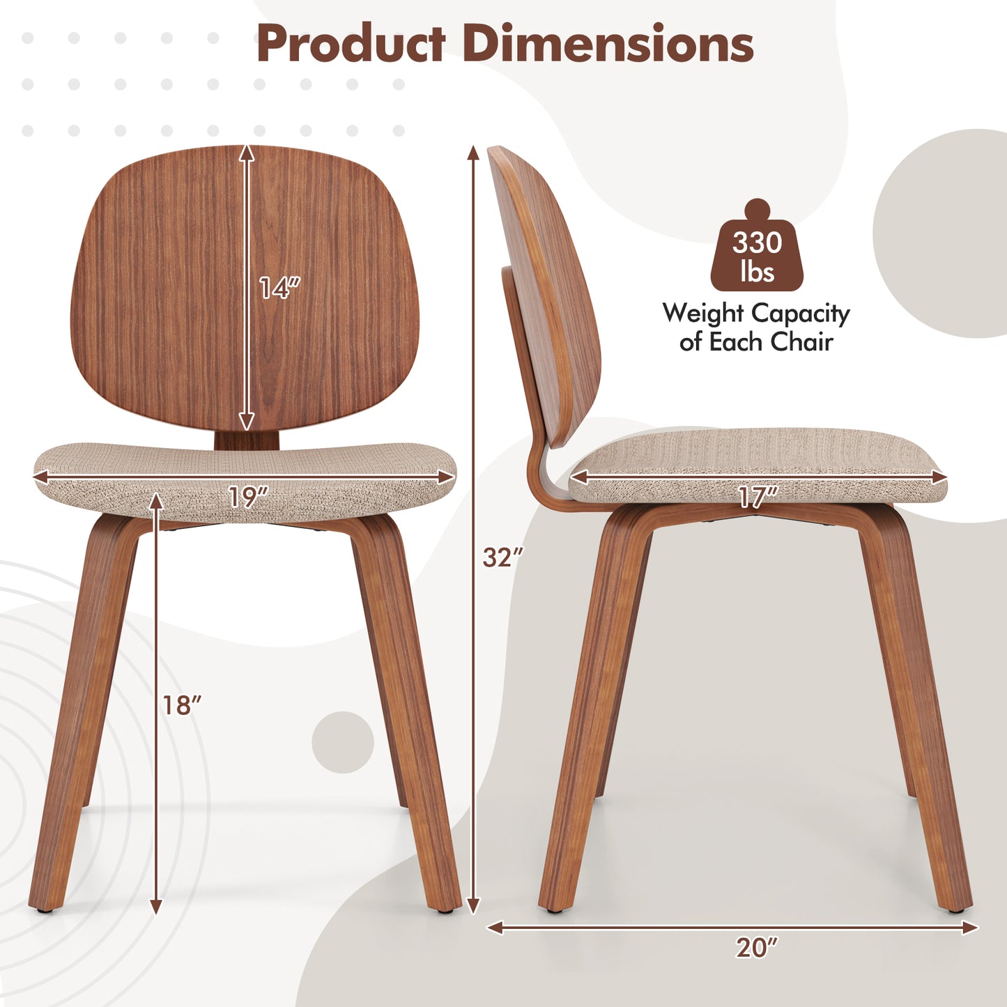 Bentwood Dining Chairs Set of 2 with Padded Seats - Walnut