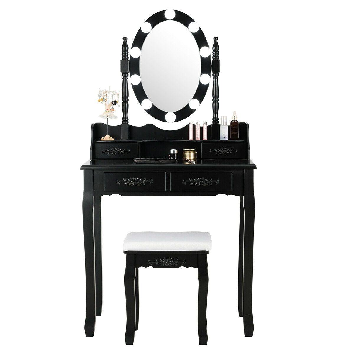 Makeup Vanity Table with Lighted Mirror and Cushioned Stool