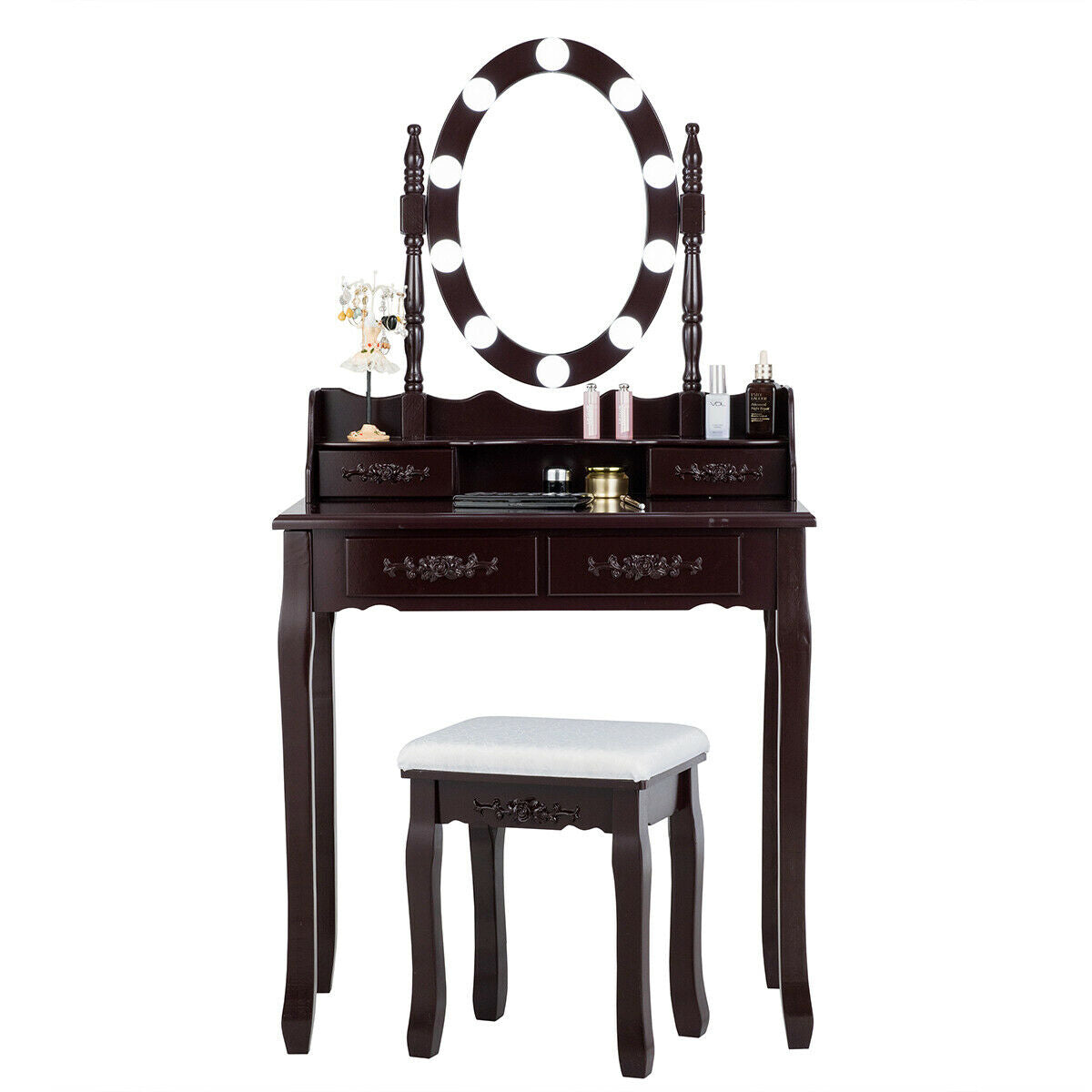 Makeup Vanity Table with Lighted Mirror and Cushioned Stool
