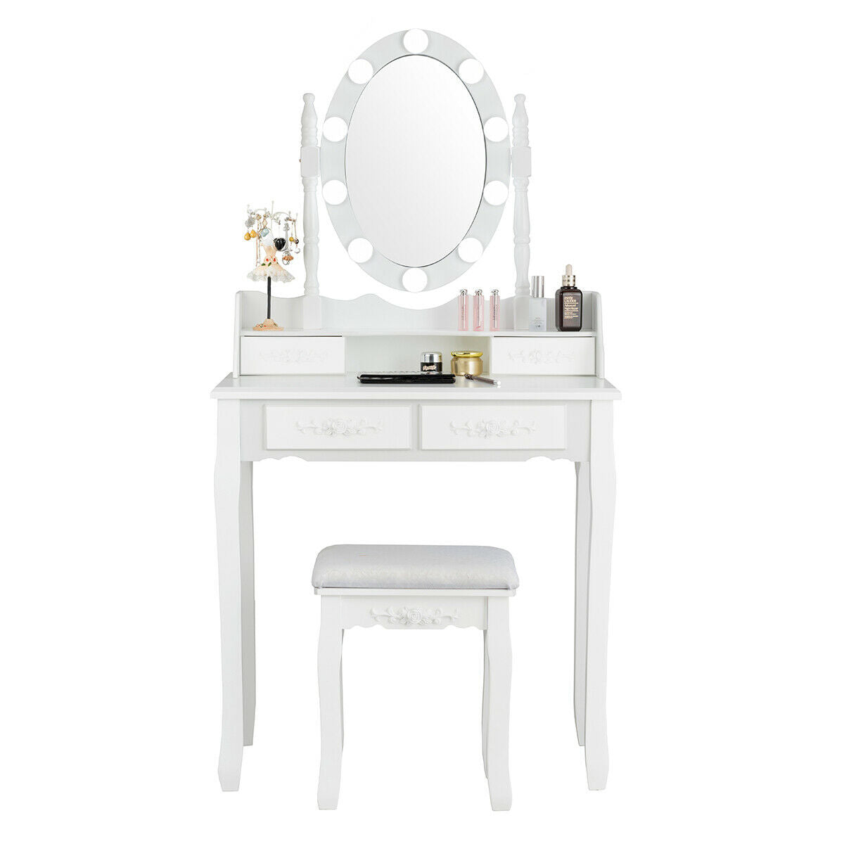 Makeup Vanity Table with Lighted Mirror and Cushioned Stool
