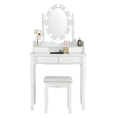 Makeup Vanity Table with Lighted Mirror and Cushioned Stool