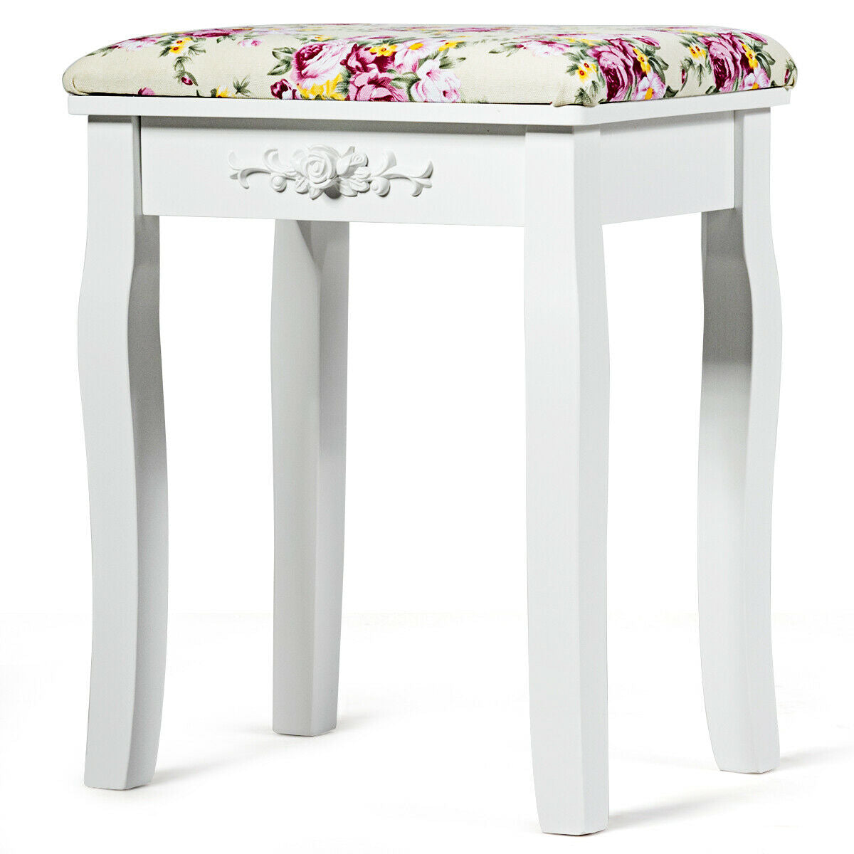 Padded Vanity Stool with Rose Cushion - White