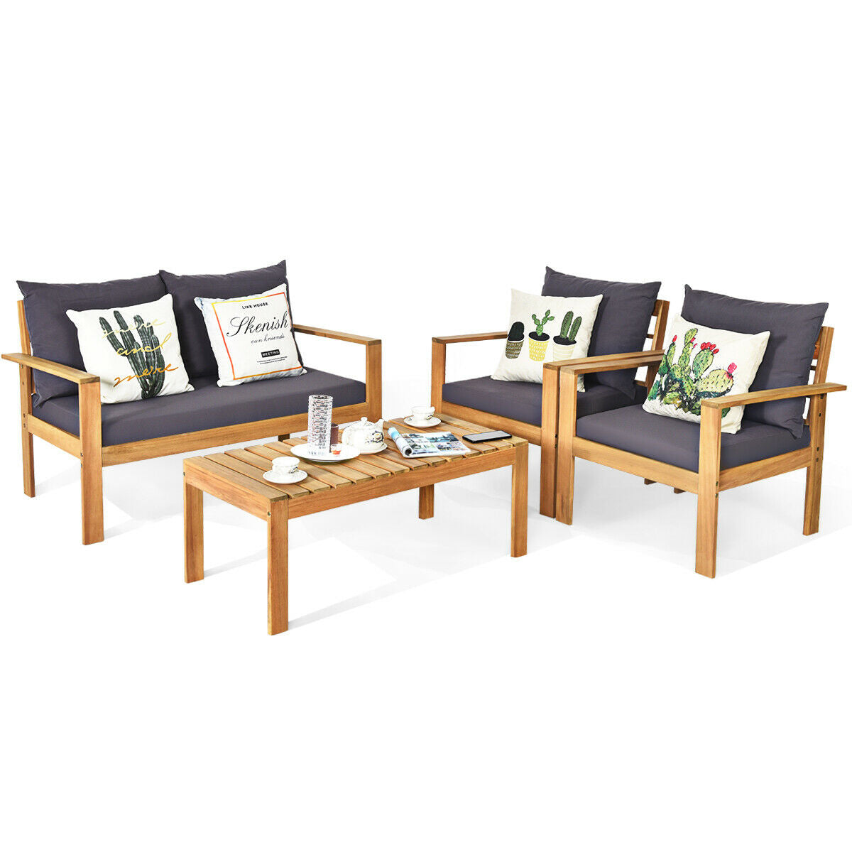 Outdoor 4 Pieces Acacia Wood Chat Set with Water Resistant Cushions