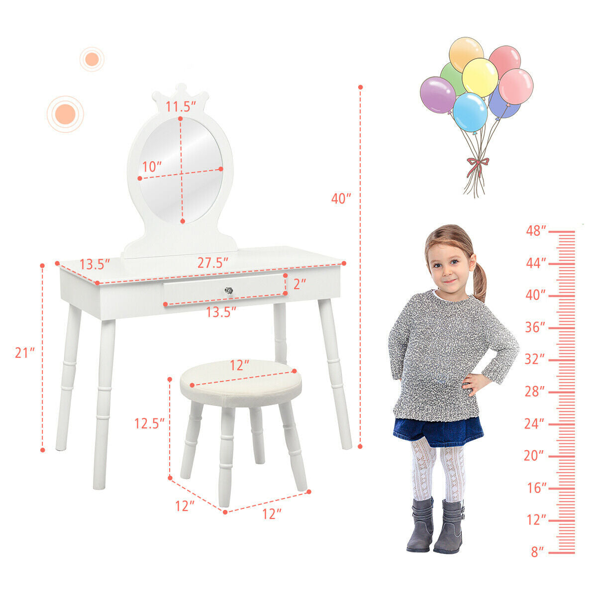 Kids Vanity Table and Chair Set with Mirror and Drawer