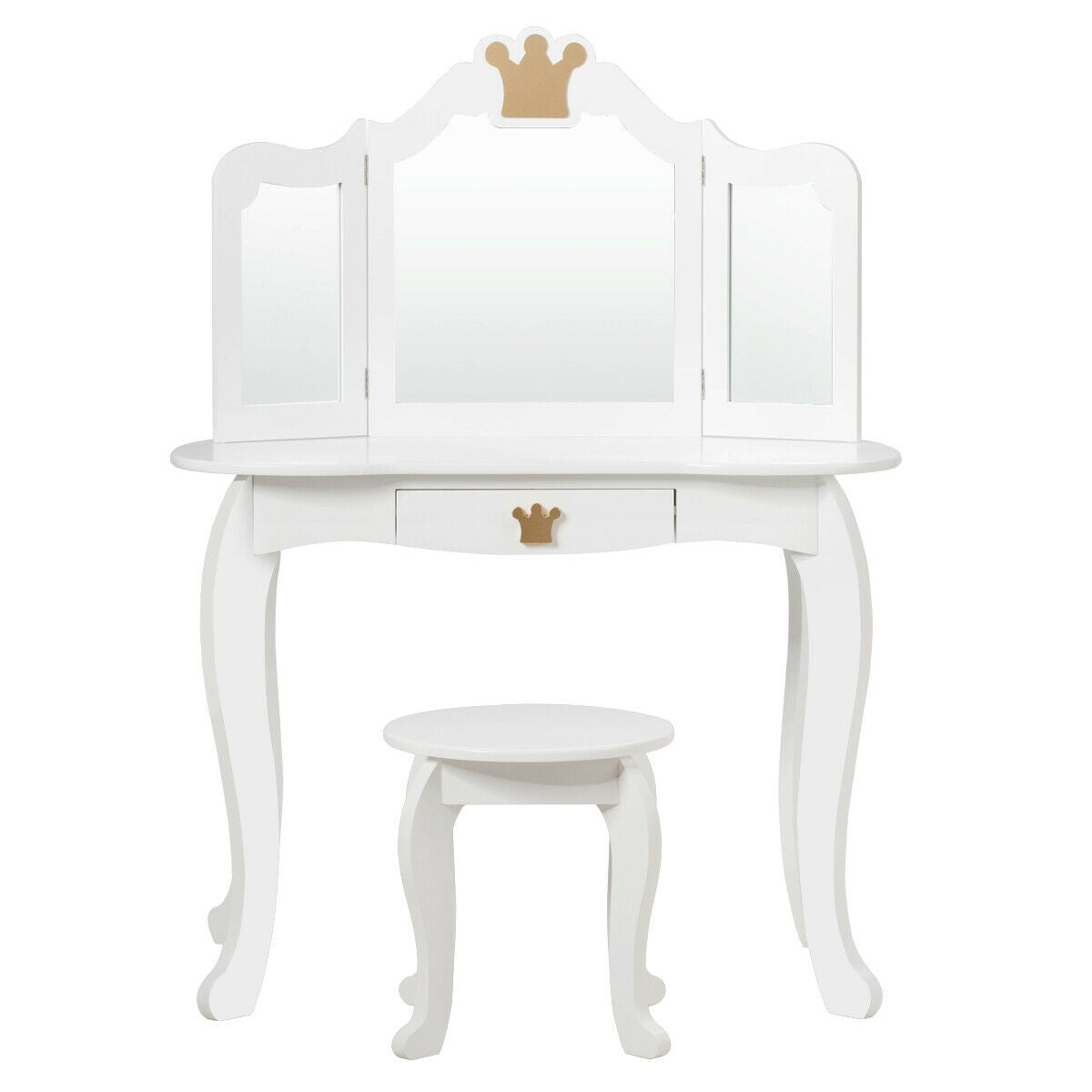 Kids Makeup Vanity Table with Tri-Fold Mirror and Stool