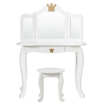 Kids Makeup Vanity Table with Tri-Fold Mirror and Stool