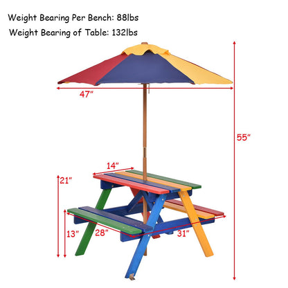 Kids Picnic Table with Umbrella - 4 Seat Outdoor Bench Set