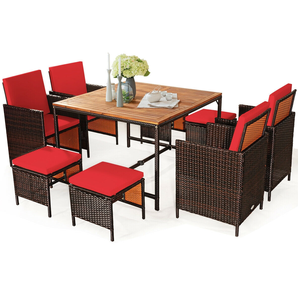 9-Piece Patio Rattan Dining Set with Cushioned Chairs