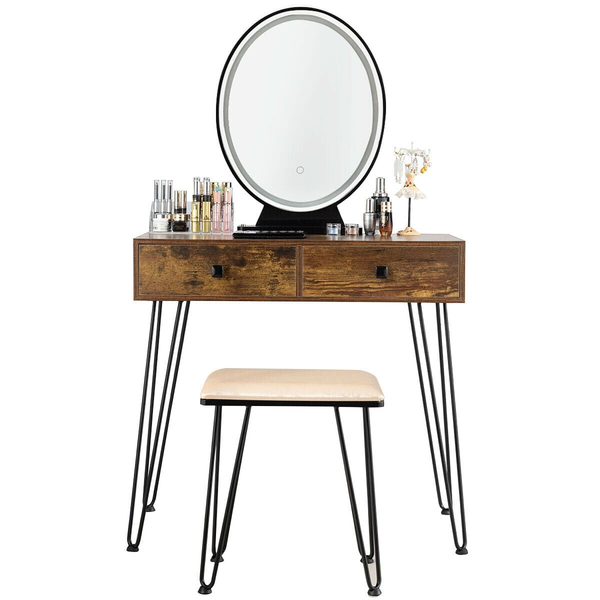 Industrial Makeup Vanity Table with LED Mirror & Stool